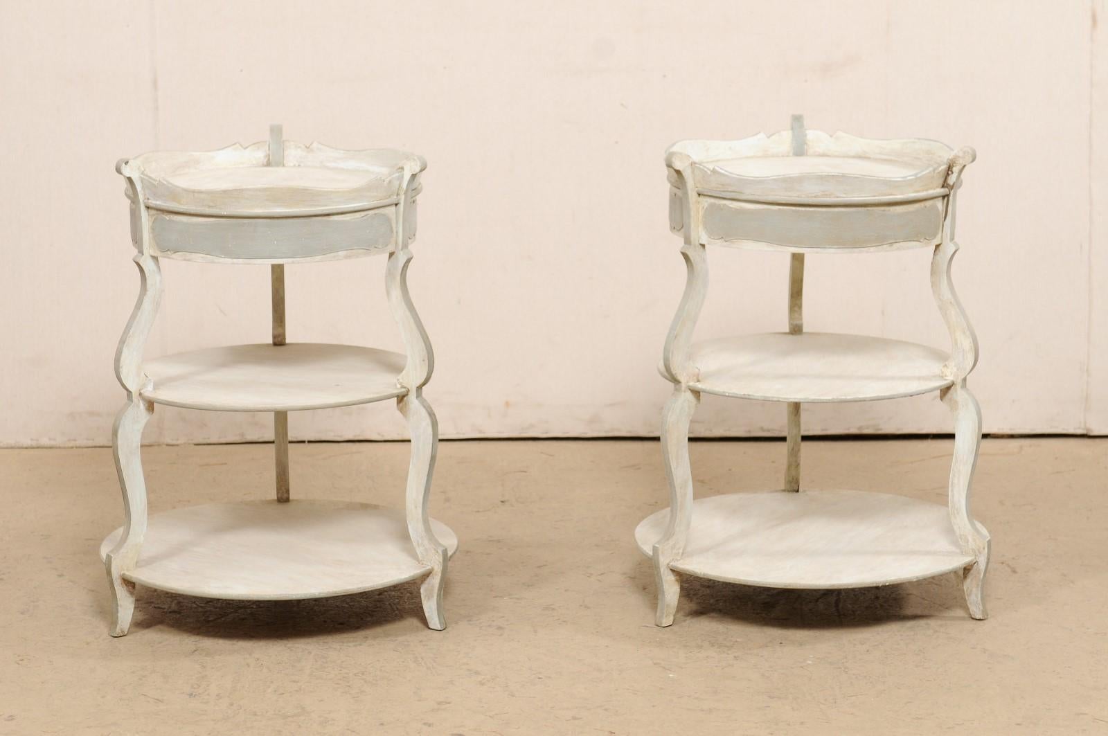 Fruitwood French Pair Round-Shaped Tiered Gueridon Tables w/ Pie Crust Top & Single Drawer