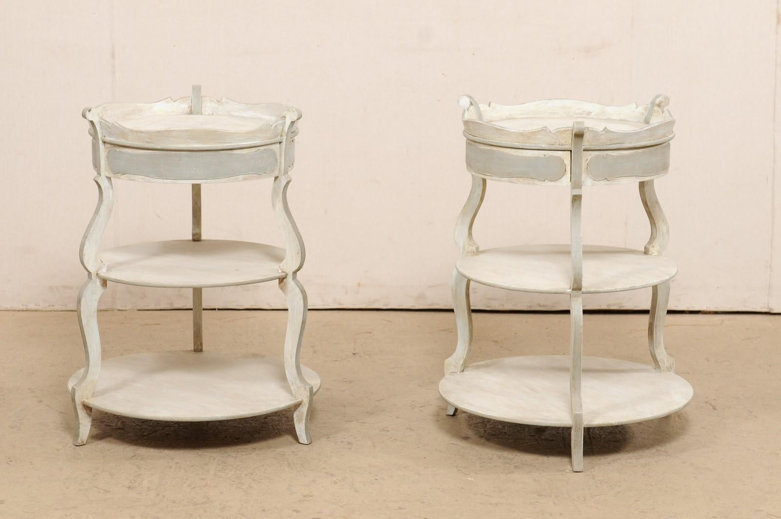 French Pair Round-Shaped Tiered Gueridon Tables w/ Pie Crust Top & Single Drawer 1