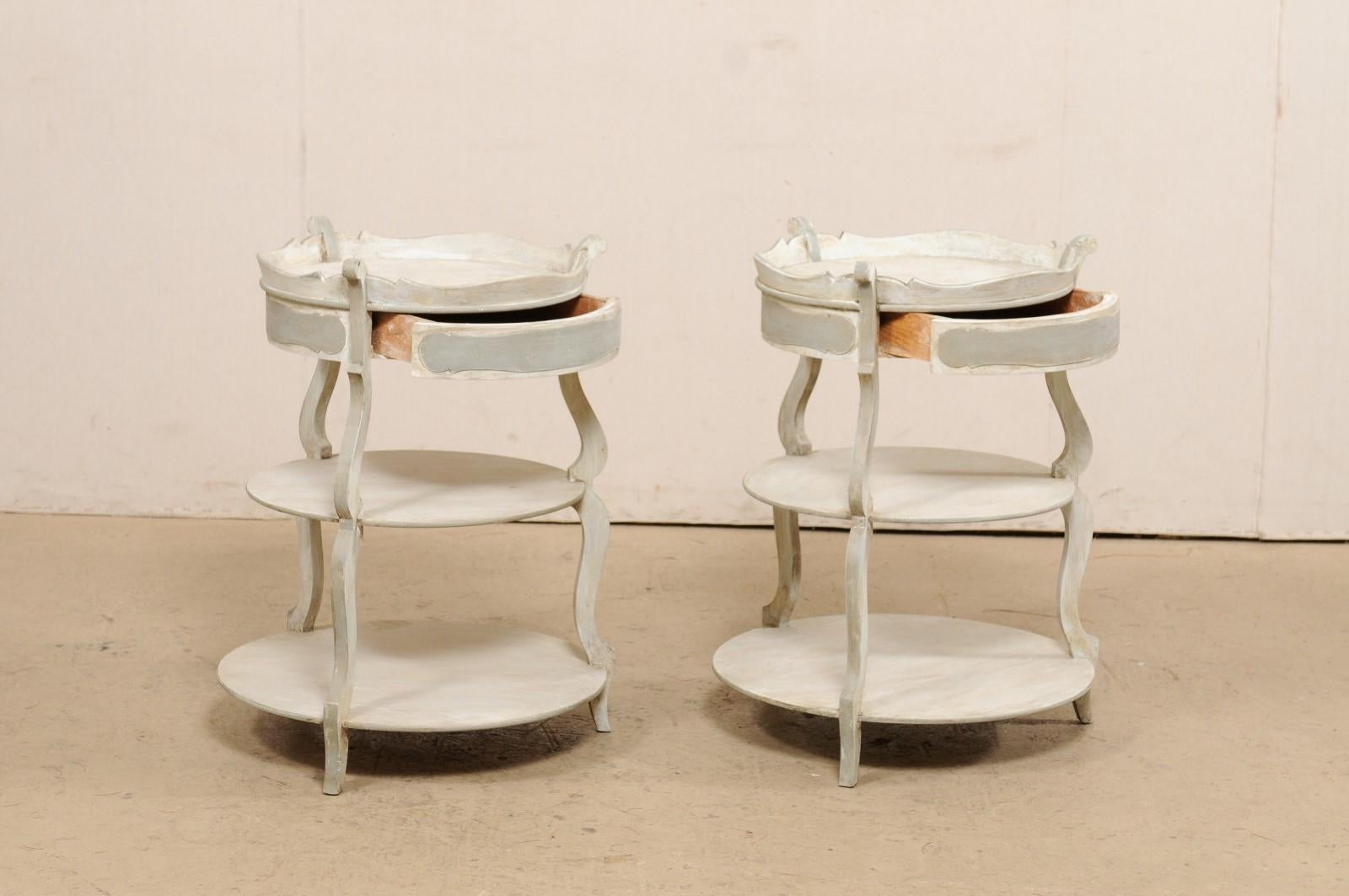 French Pair Round-Shaped Tiered Gueridon Tables w/ Pie Crust Top & Single Drawer 4