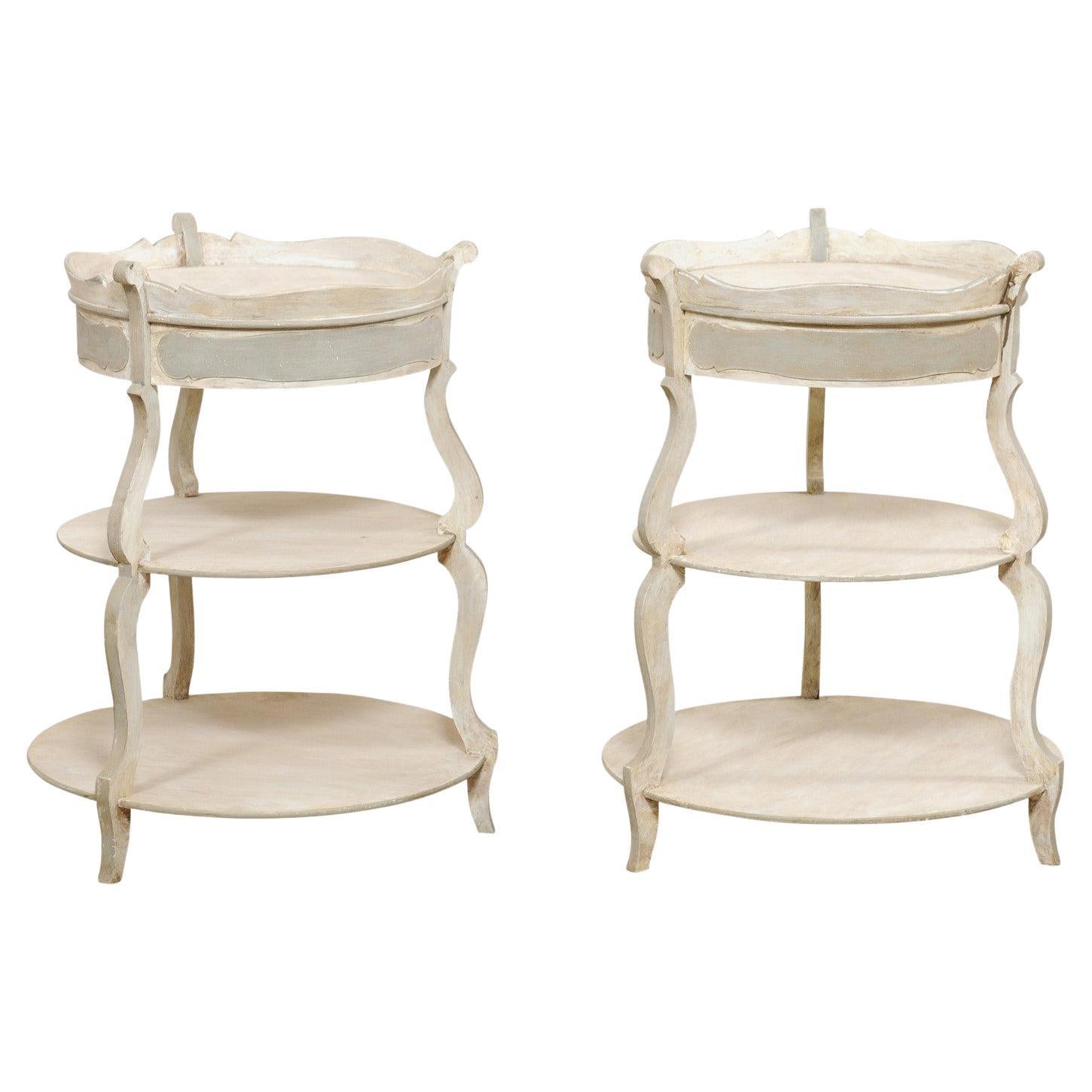French Pair Round-Shaped Tiered Gueridon Tables w/ Pie Crust Top & Single Drawer