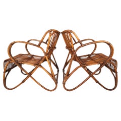 French Pair Vintage Rattan Bamboo Lounge Chairs, 1960