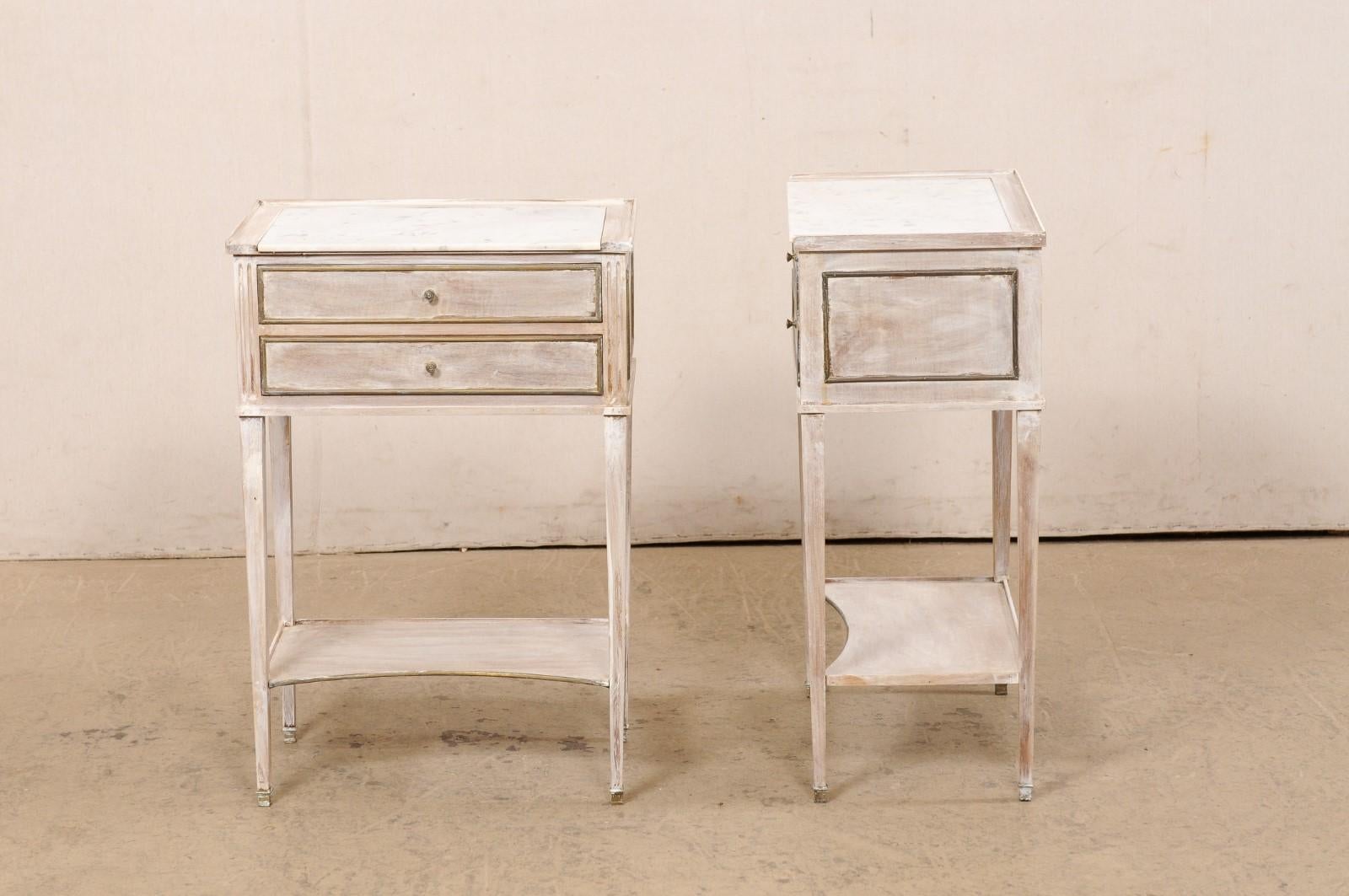 French Pair Wooden Side Chests w/Marble Tops & Brass Accents, Mid 20th C. For Sale 7
