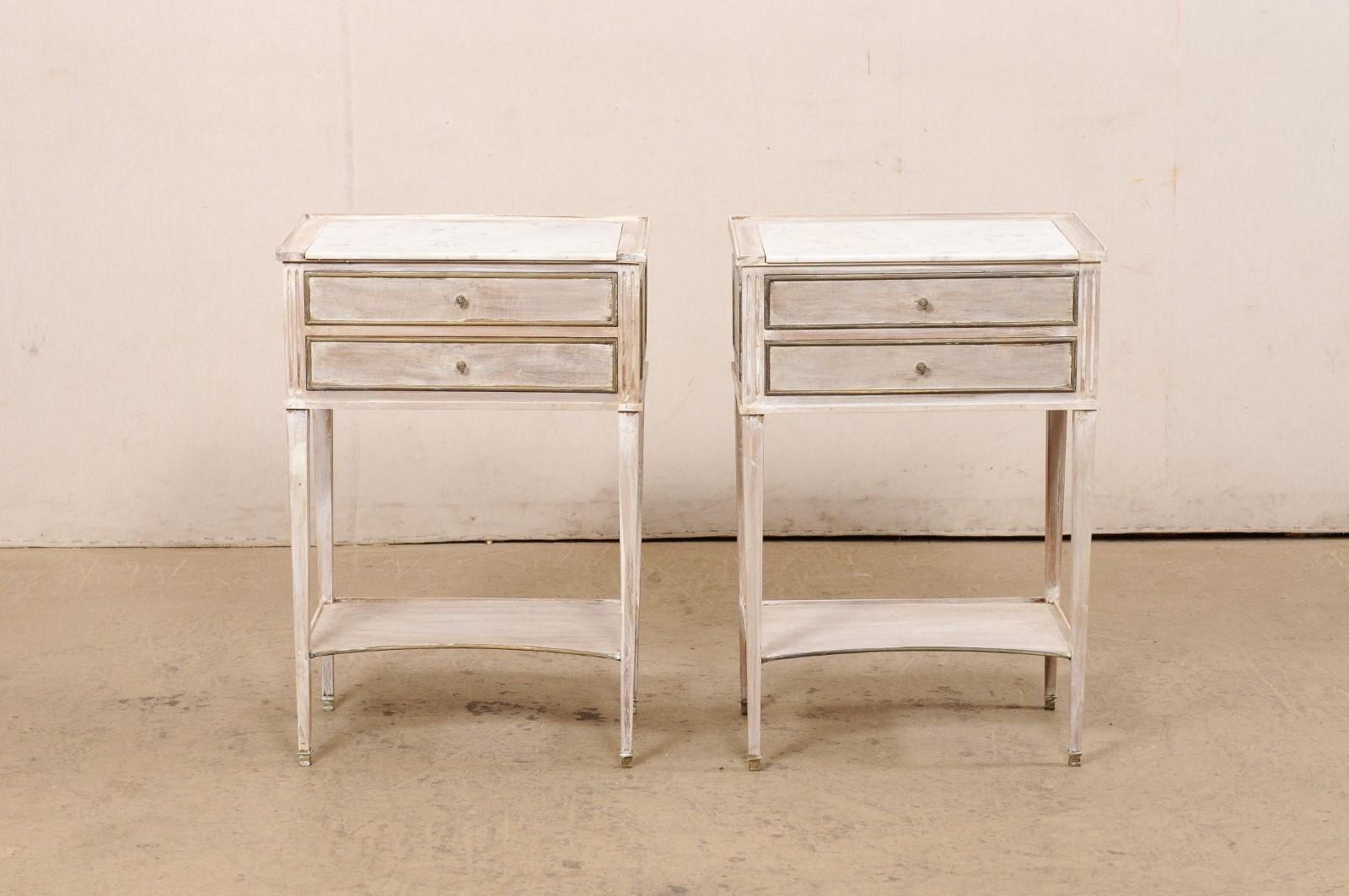 French Pair Wooden Side Chests w/Marble Tops & Brass Accents, Mid 20th C. For Sale 8