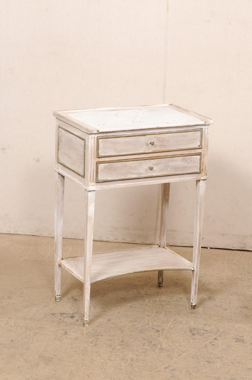 20th Century French Pair Wooden Side Chests w/Marble Tops & Brass Accents, Mid 20th C. For Sale
