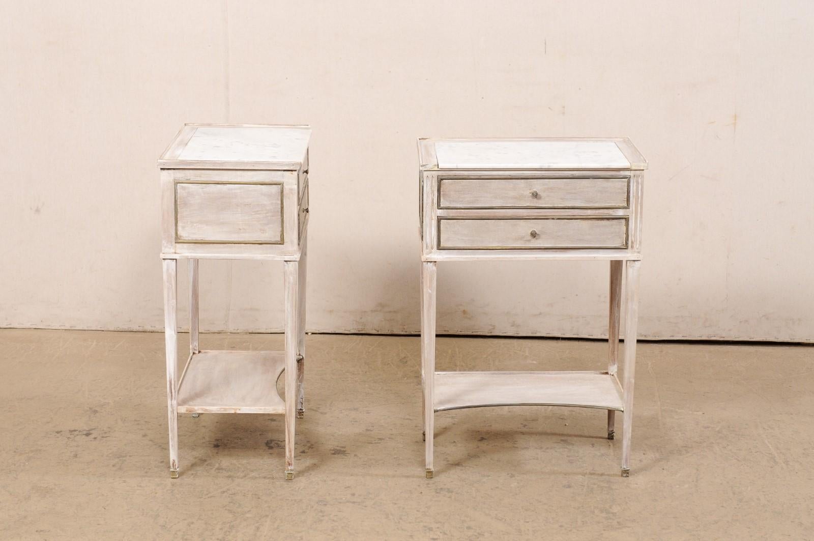 French Pair Wooden Side Chests w/Marble Tops & Brass Accents, Mid 20th C. For Sale 4