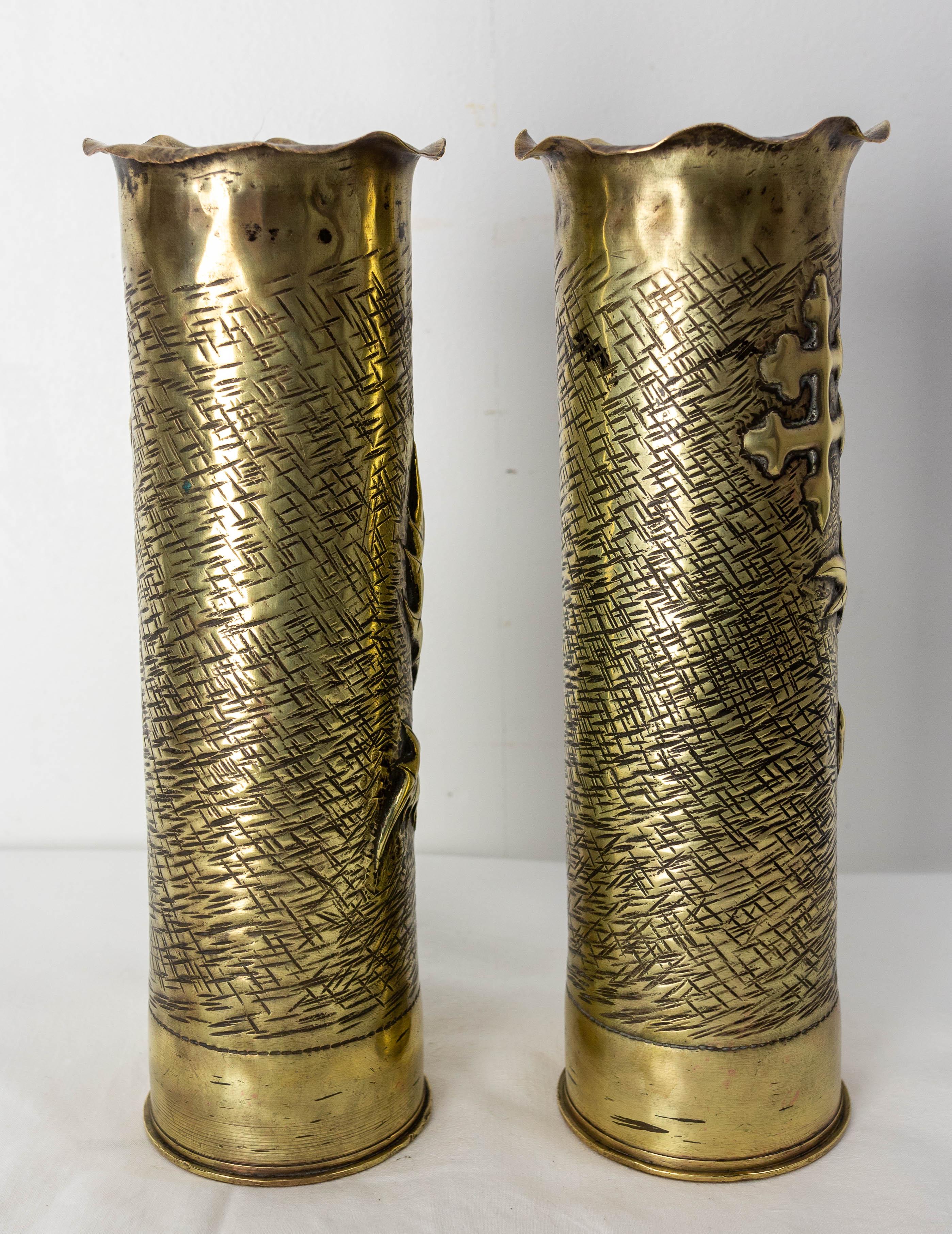 French Provincial French Pair World War i Brass Thistle & Cross of Lorraine Shells Casing For Sale