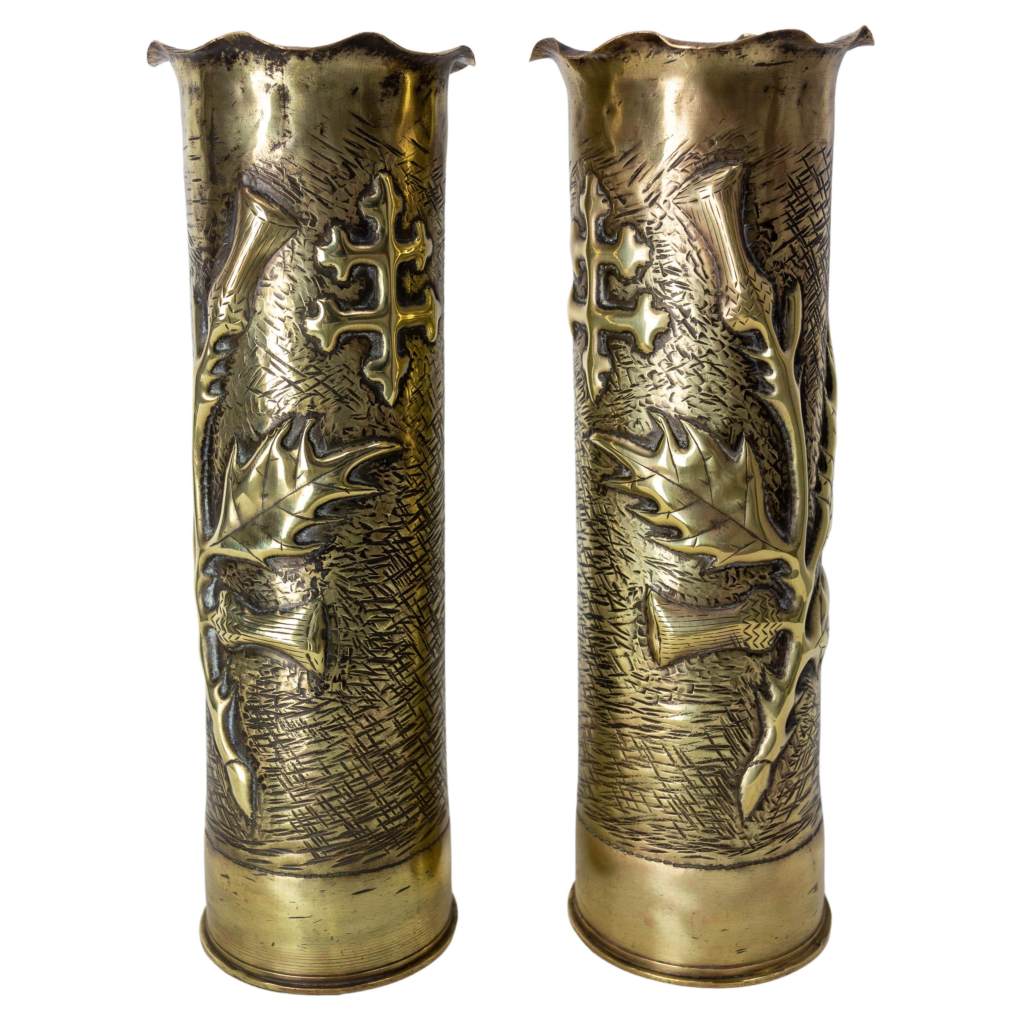 French Pair World War i Brass Thistle & Cross of Lorraine Shells Casing For Sale