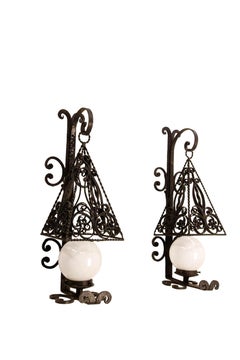 French Pair Wrought Iron & Opalin Glass Sconces Spanish Style Wall Lights, 1960