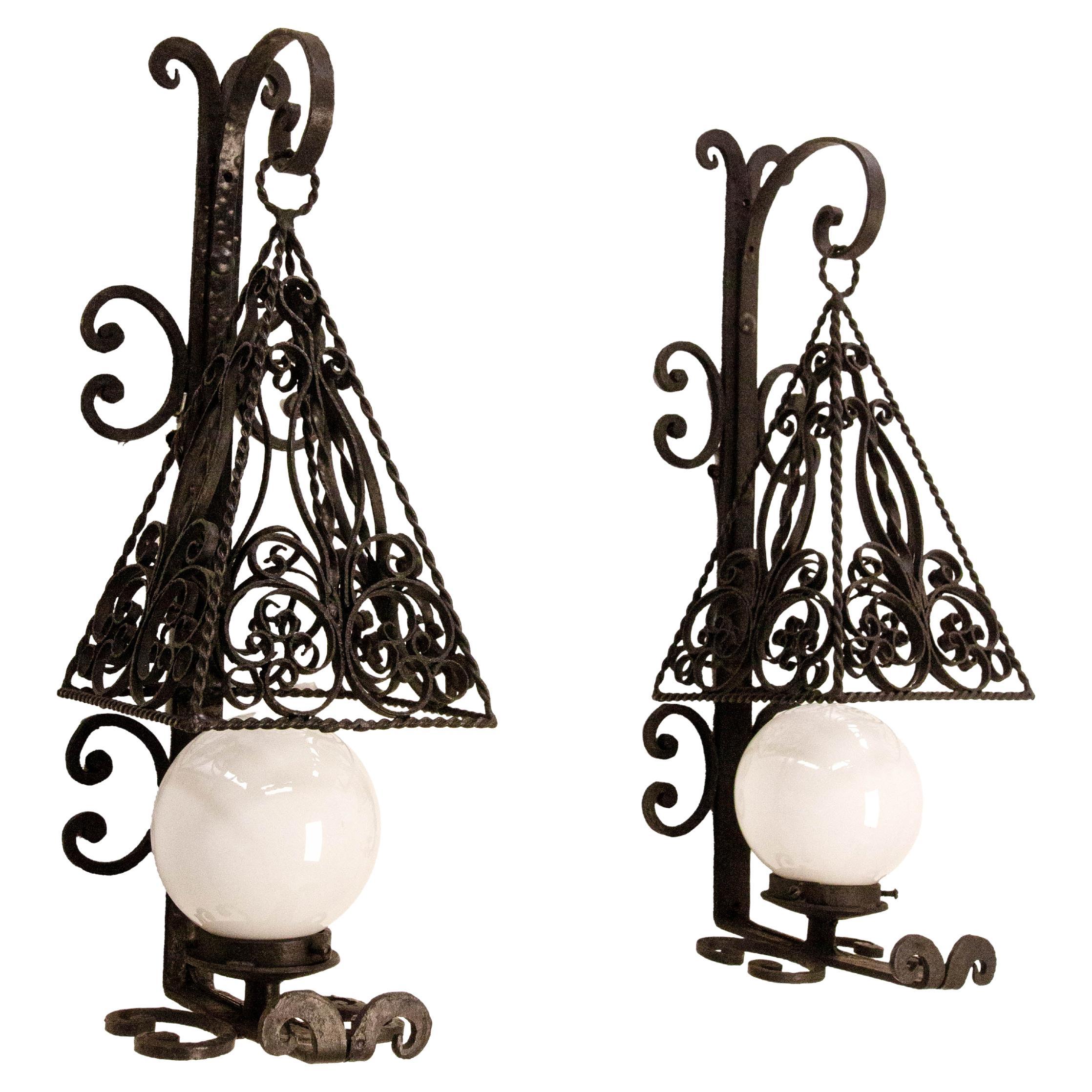 French Pair Wrought Iron & Opalin Glass Sconces Spanish Style Wall Lights, 1960 For Sale