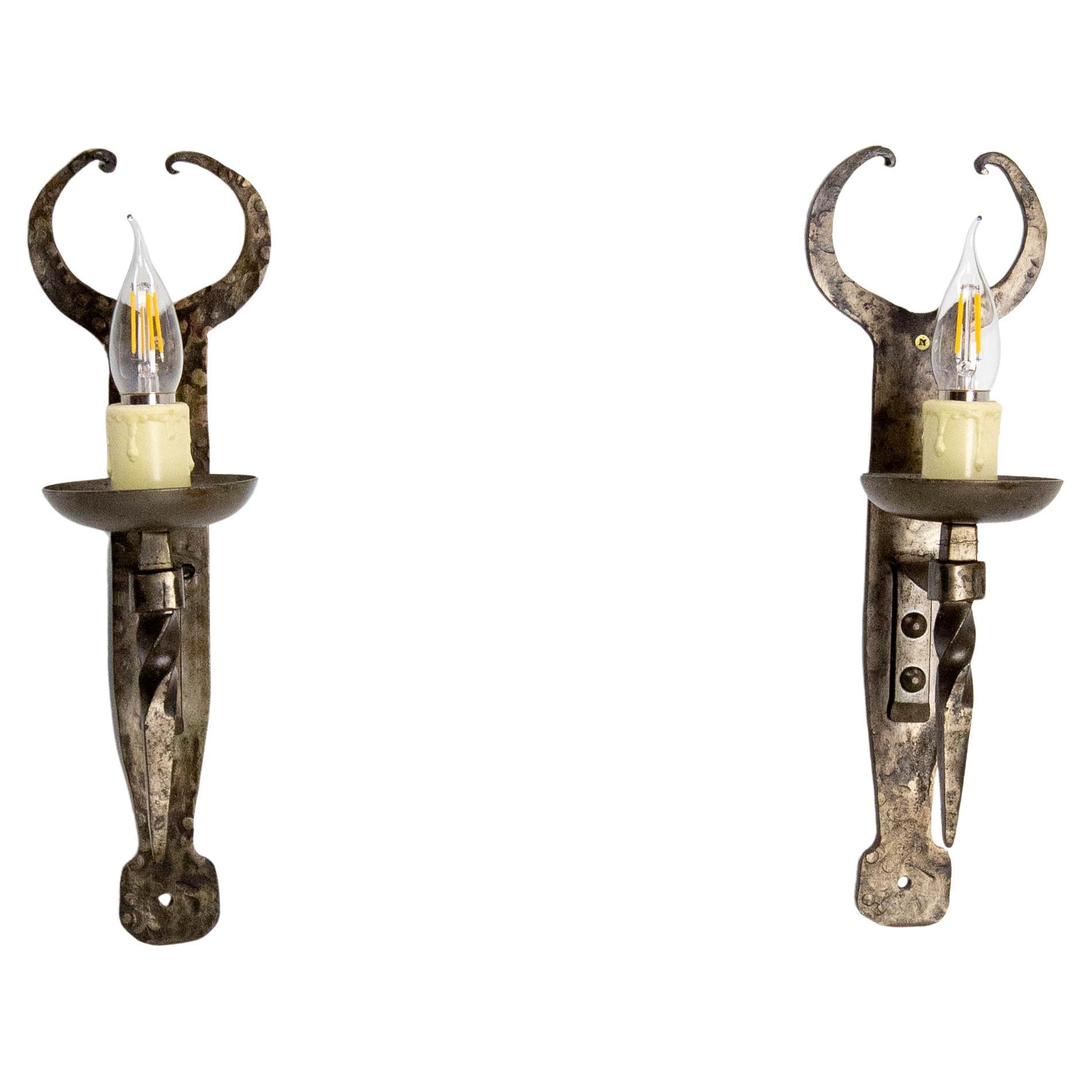 French Pair Wrought Iron Sconces Spanish Style Wall Lights, 1960