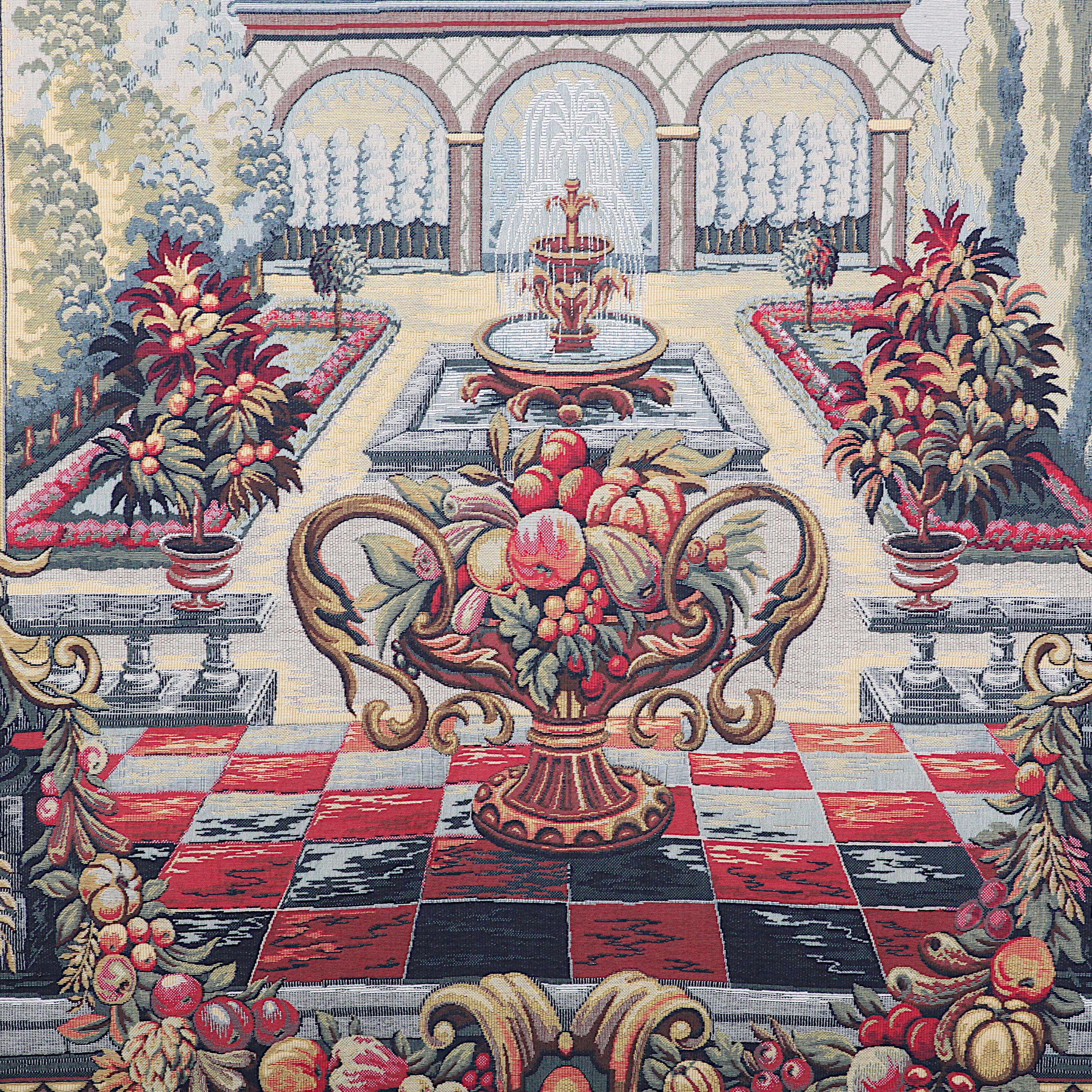 Escena interior de palacio de tapicería francesa vintage de vivos colores con fuentes, arcos y flores, etc.