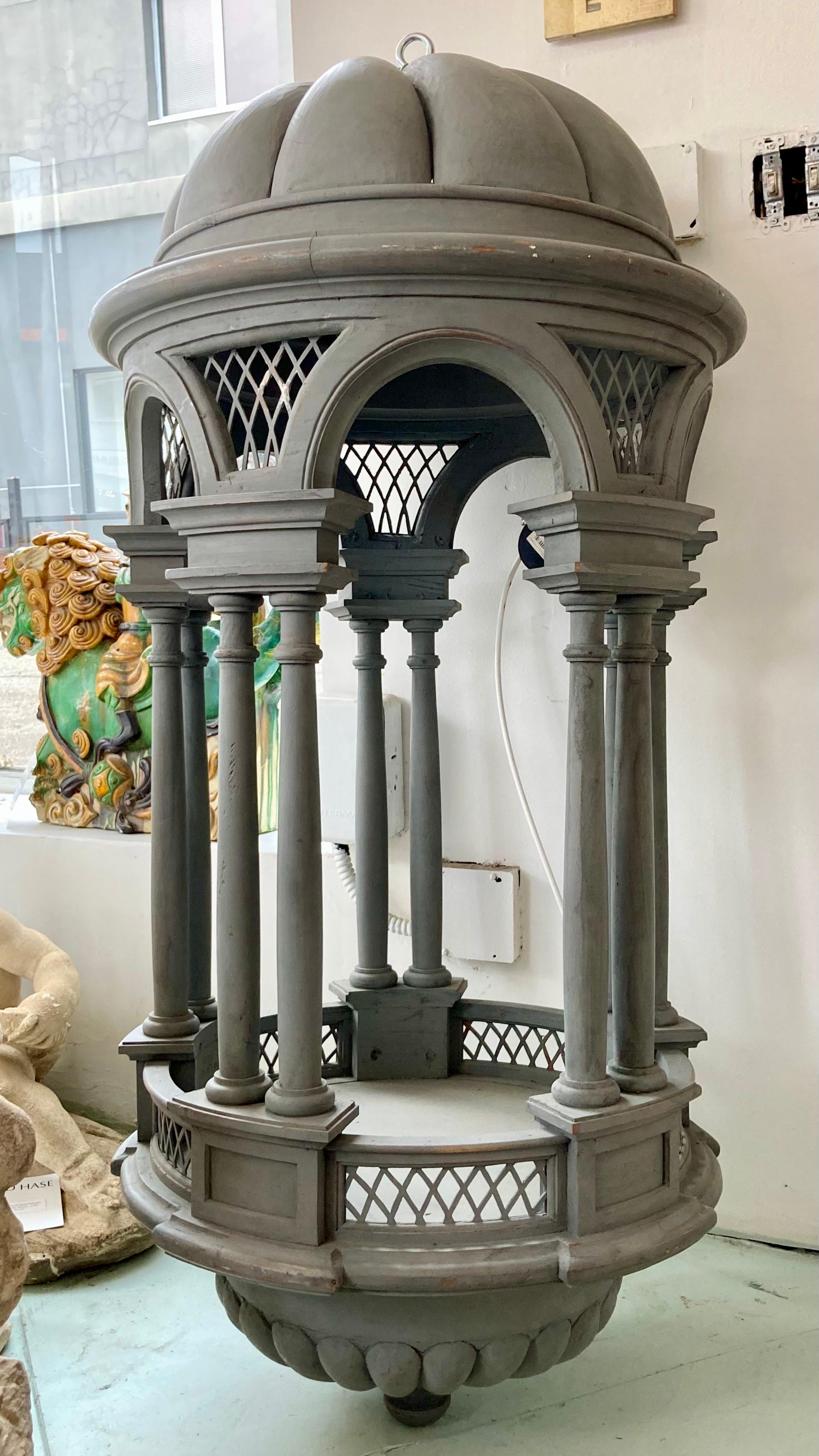 Beautiful French palace size carved wood architectural lantern. This is not currently electrified you will need your electrician to install. Extremely large scale and incredible woodworking details. Original painted finish with some touch up needed