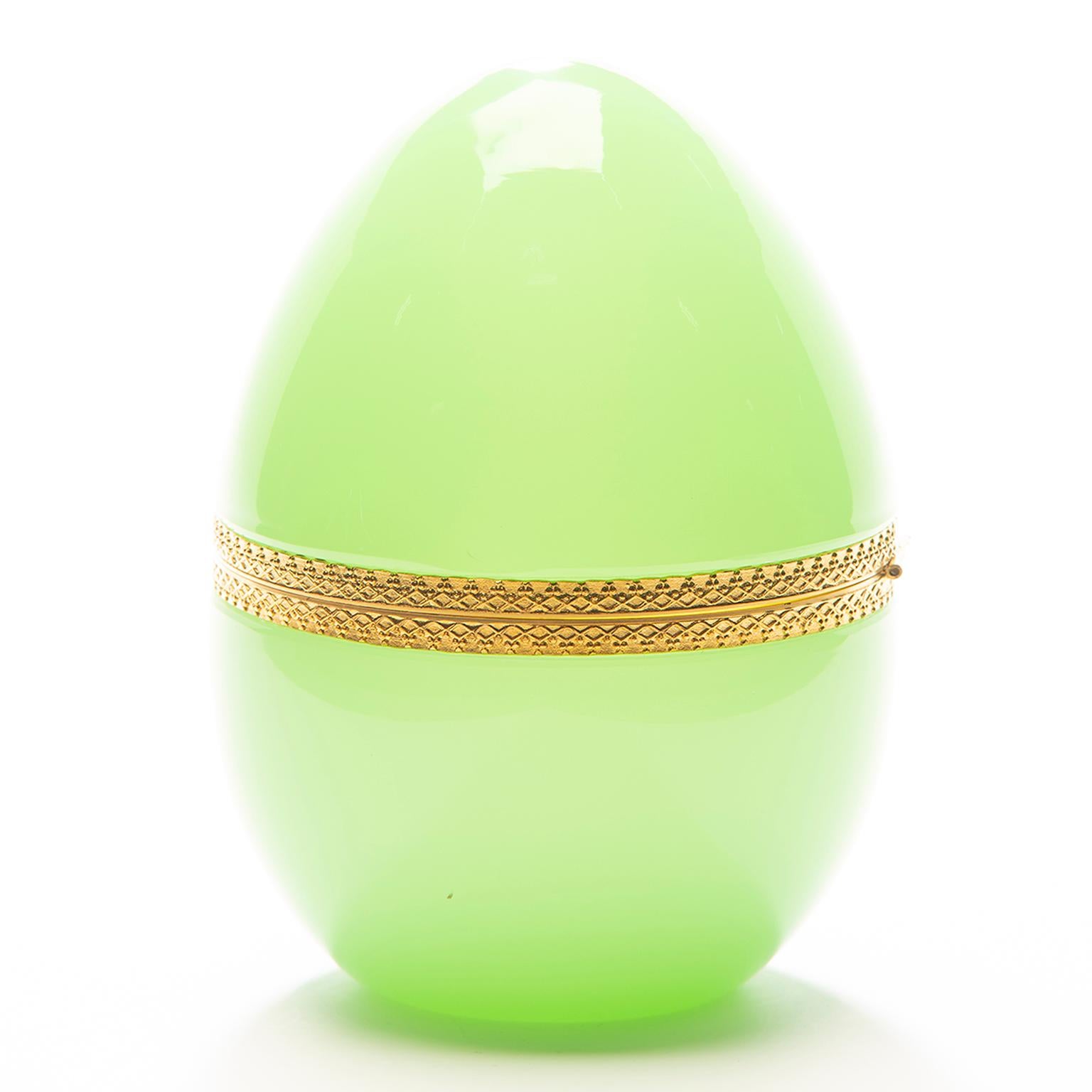 20th Century French Pale Green Opaline Glass and Brass Egg Shaped Box