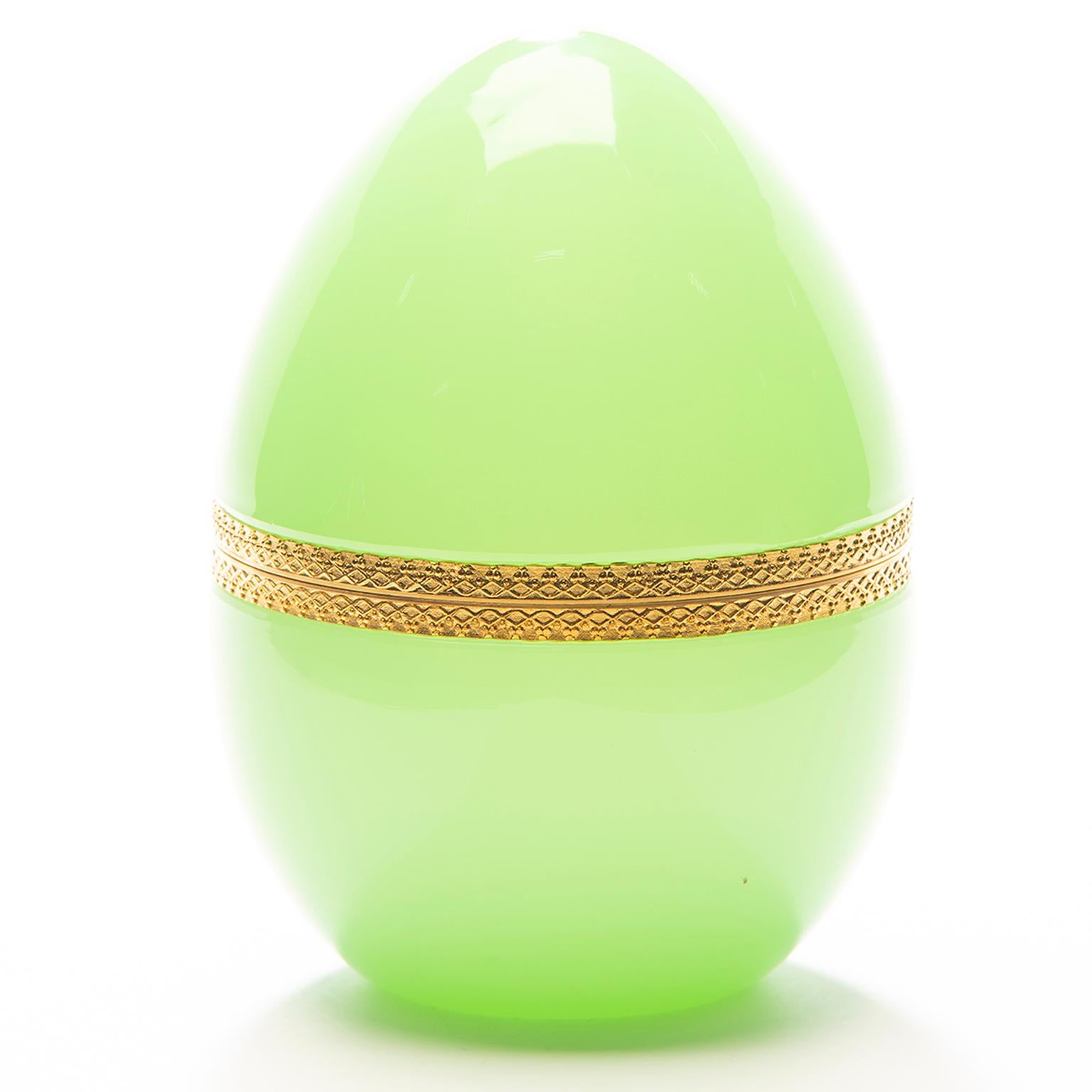 French Pale Green Opaline Glass and Brass Egg Shaped Box 2