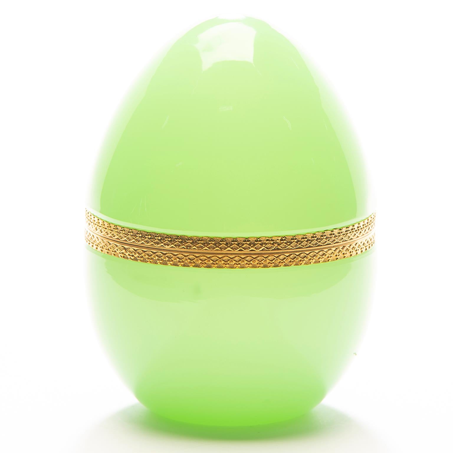 French Pale Green Opaline Glass and Brass Egg Shaped Box 3