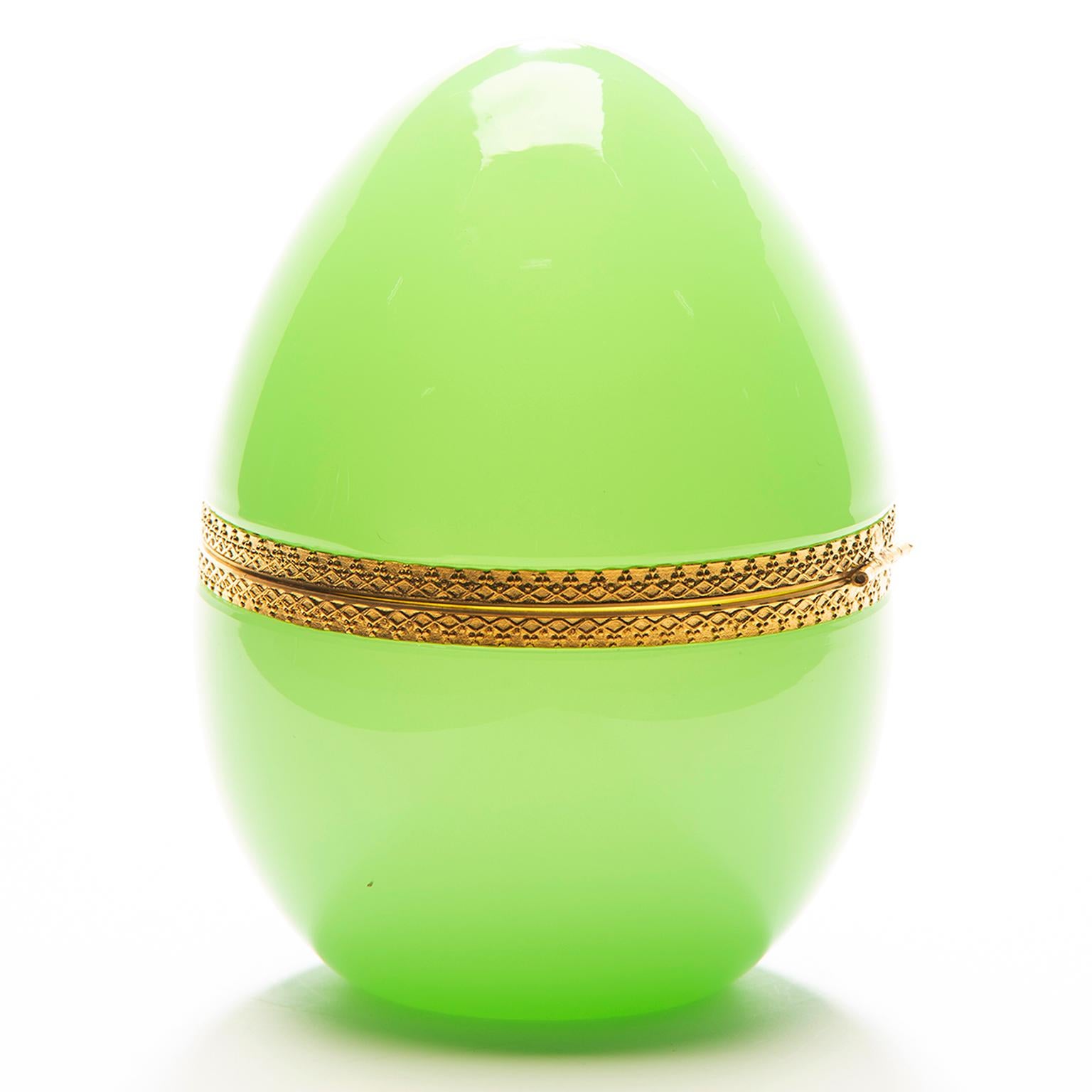 French Pale Green Opaline Glass and Brass Egg Shaped Box 5