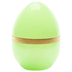 French Pale Green Opaline Glass and Brass Egg Shaped Box