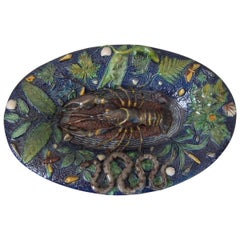 Plato de mayólica francesa Palissy Cangrejo de río, serpiente y lagarto