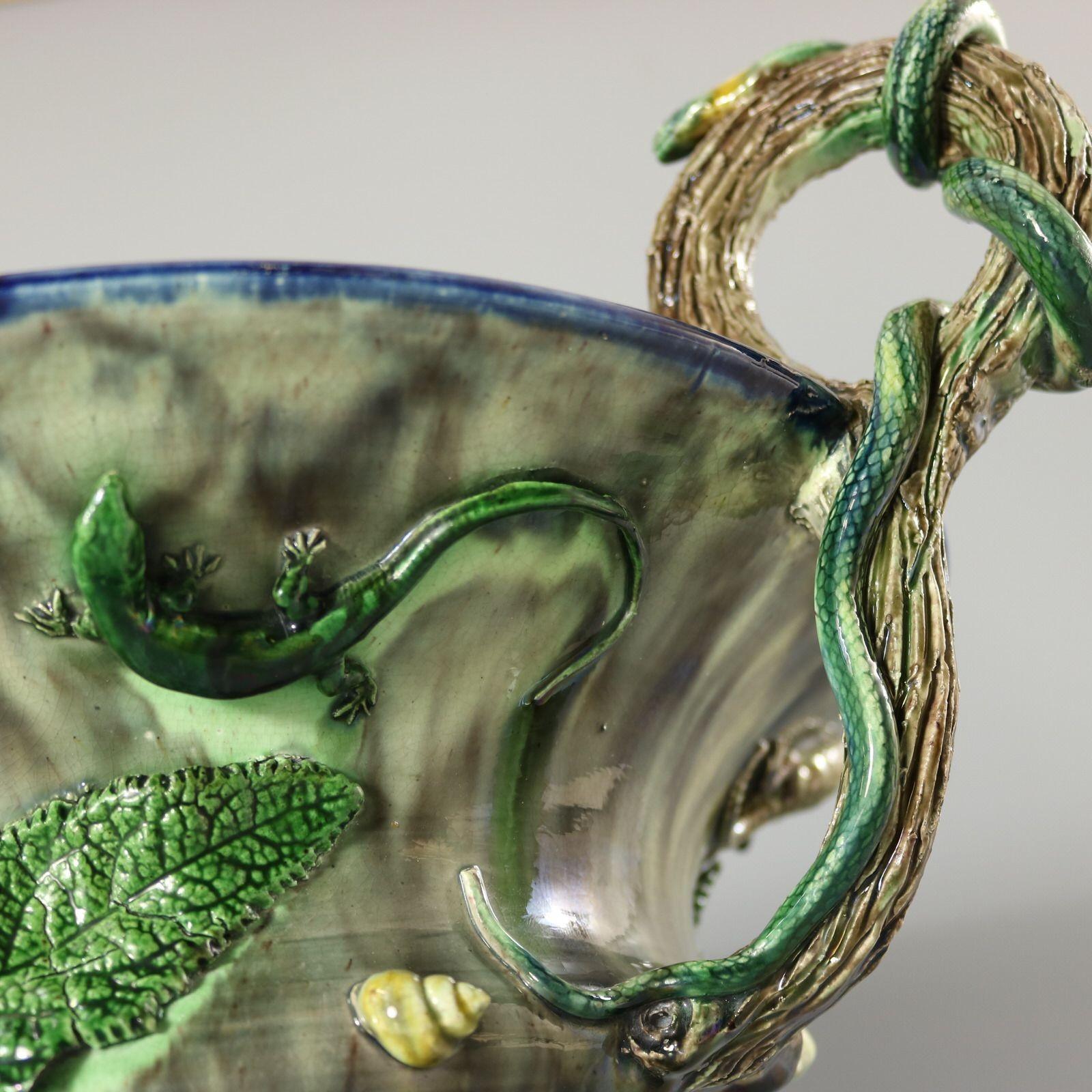 French Palissy Majolica Jardiniere with Snake Handles 8