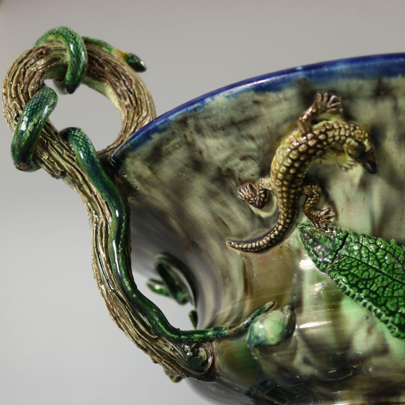 French Palissy Majolica Jardiniere with Snake Handles 9