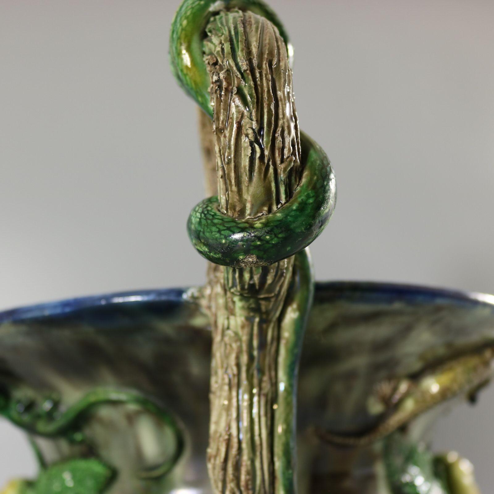 French Palissy Majolica Jardiniere with Snake Handles 14