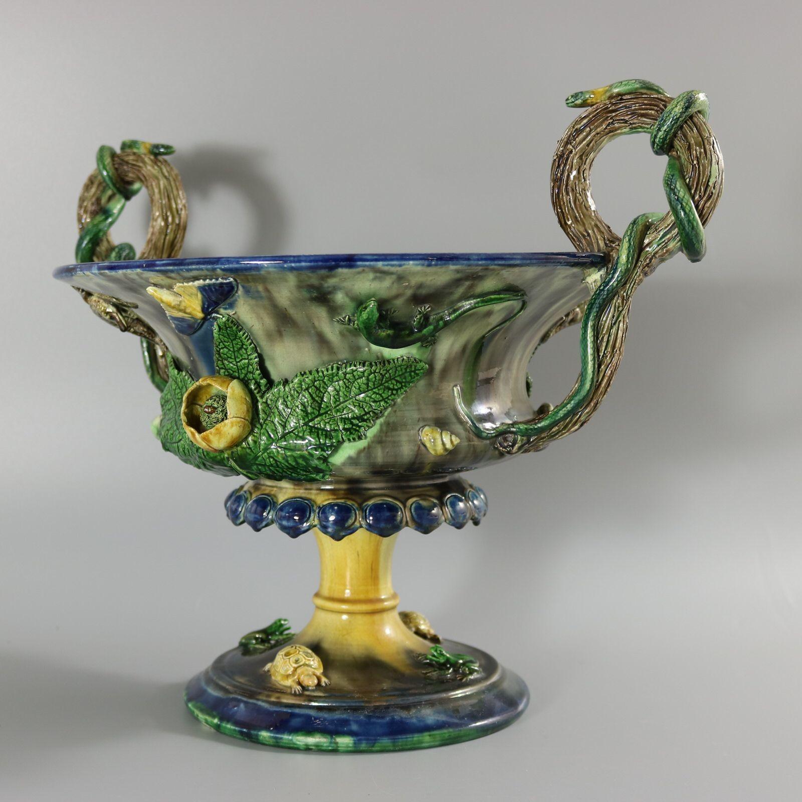 Victorian French Palissy Majolica Jardiniere with Snake Handles