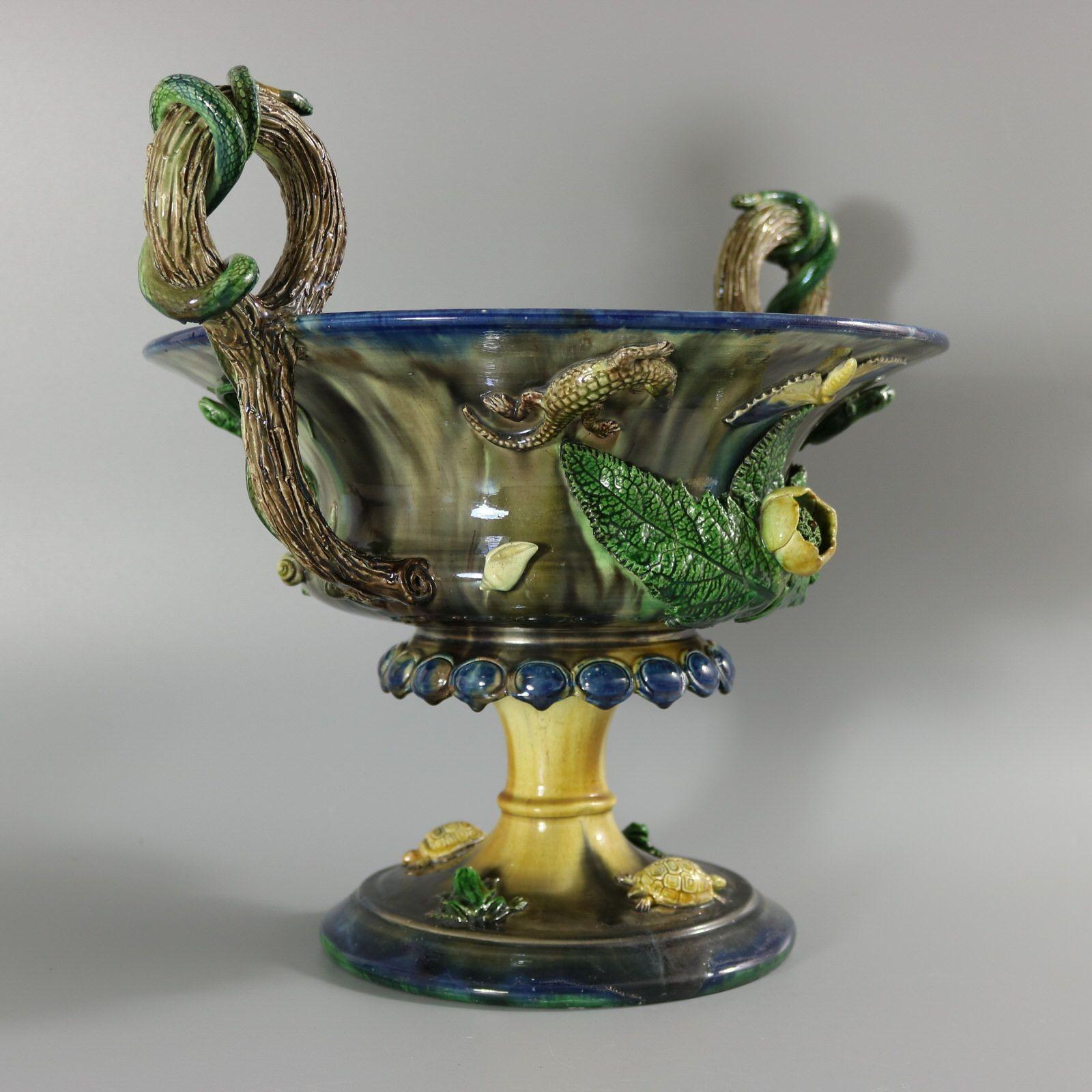 19th Century French Palissy Majolica Jardiniere with Snake Handles
