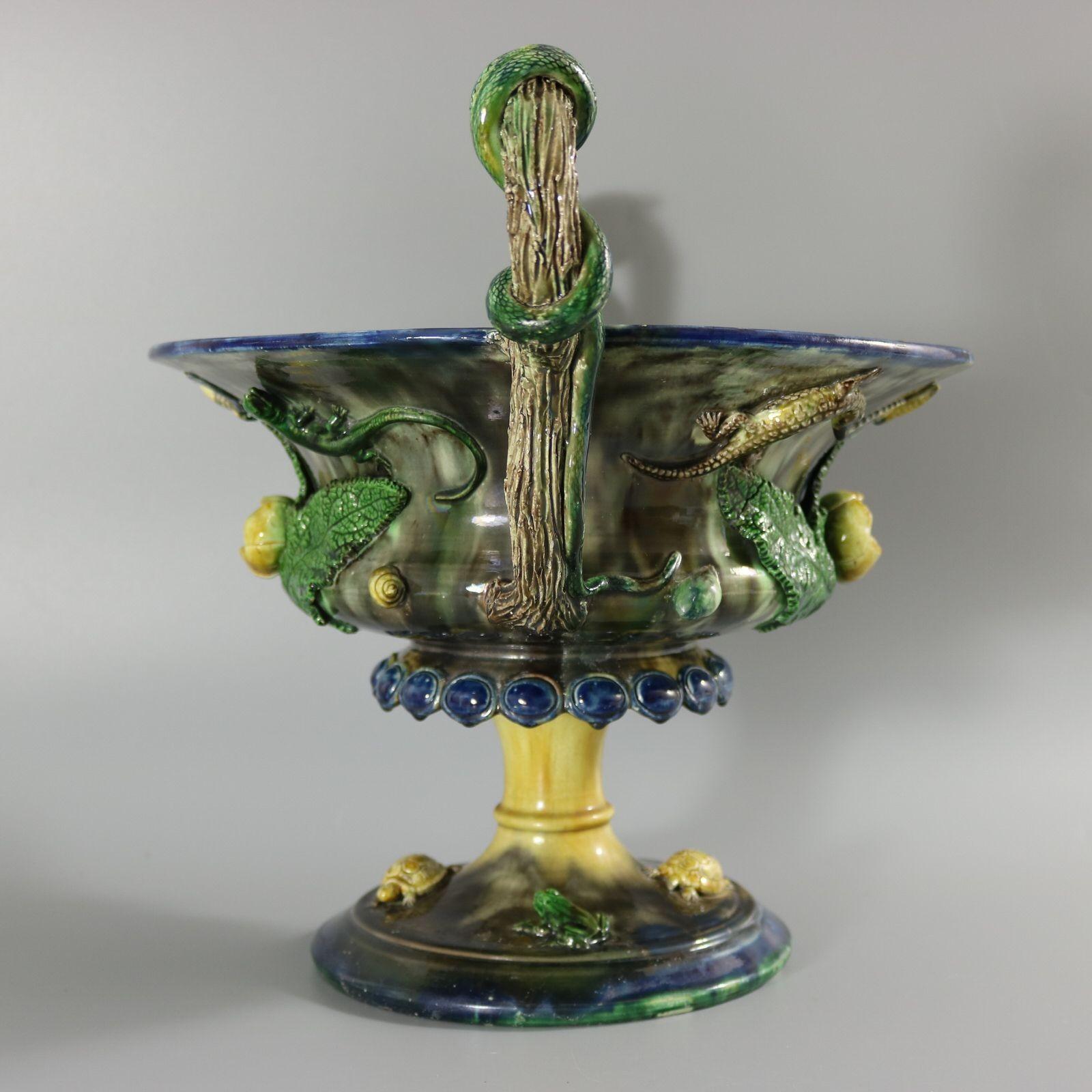 French Palissy Majolica Jardiniere with Snake Handles 3