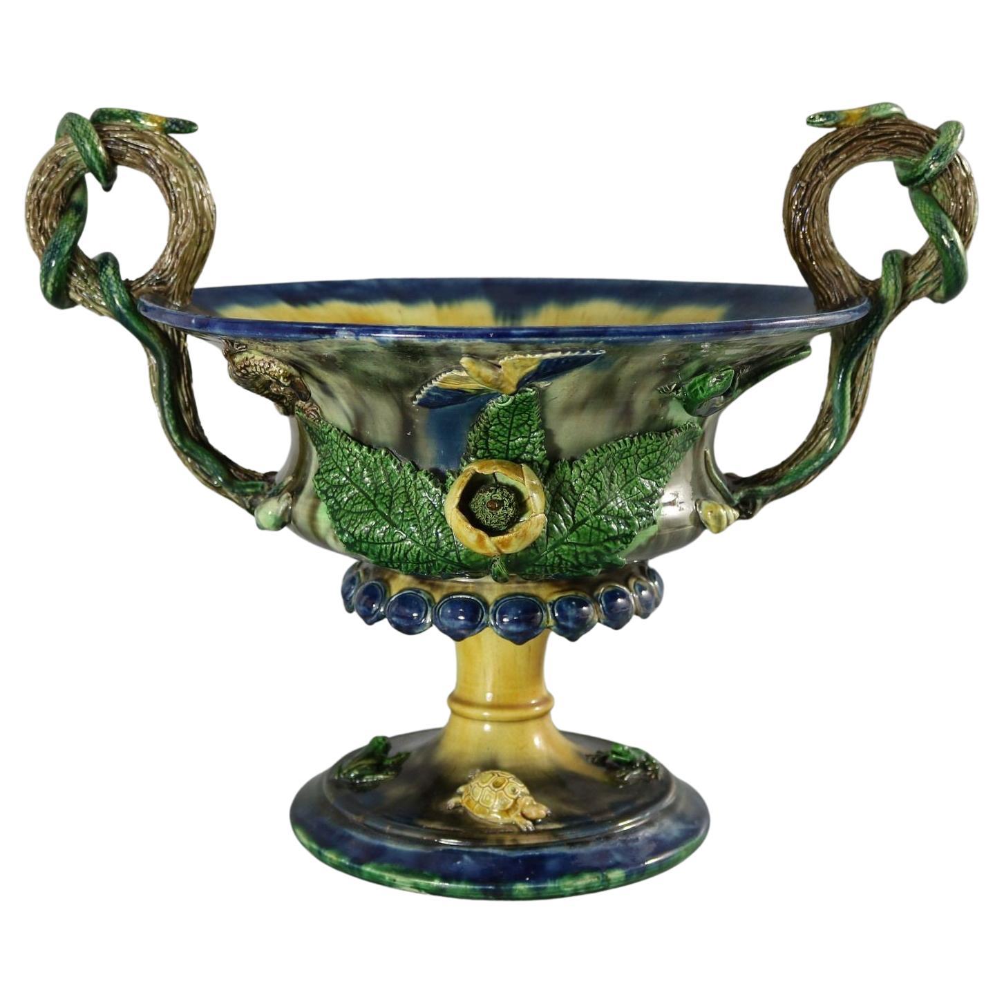 French Palissy Majolica Jardiniere with Snake Handles