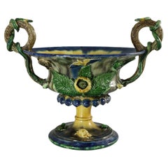 Antique French Palissy Majolica Jardiniere with Snake Handles