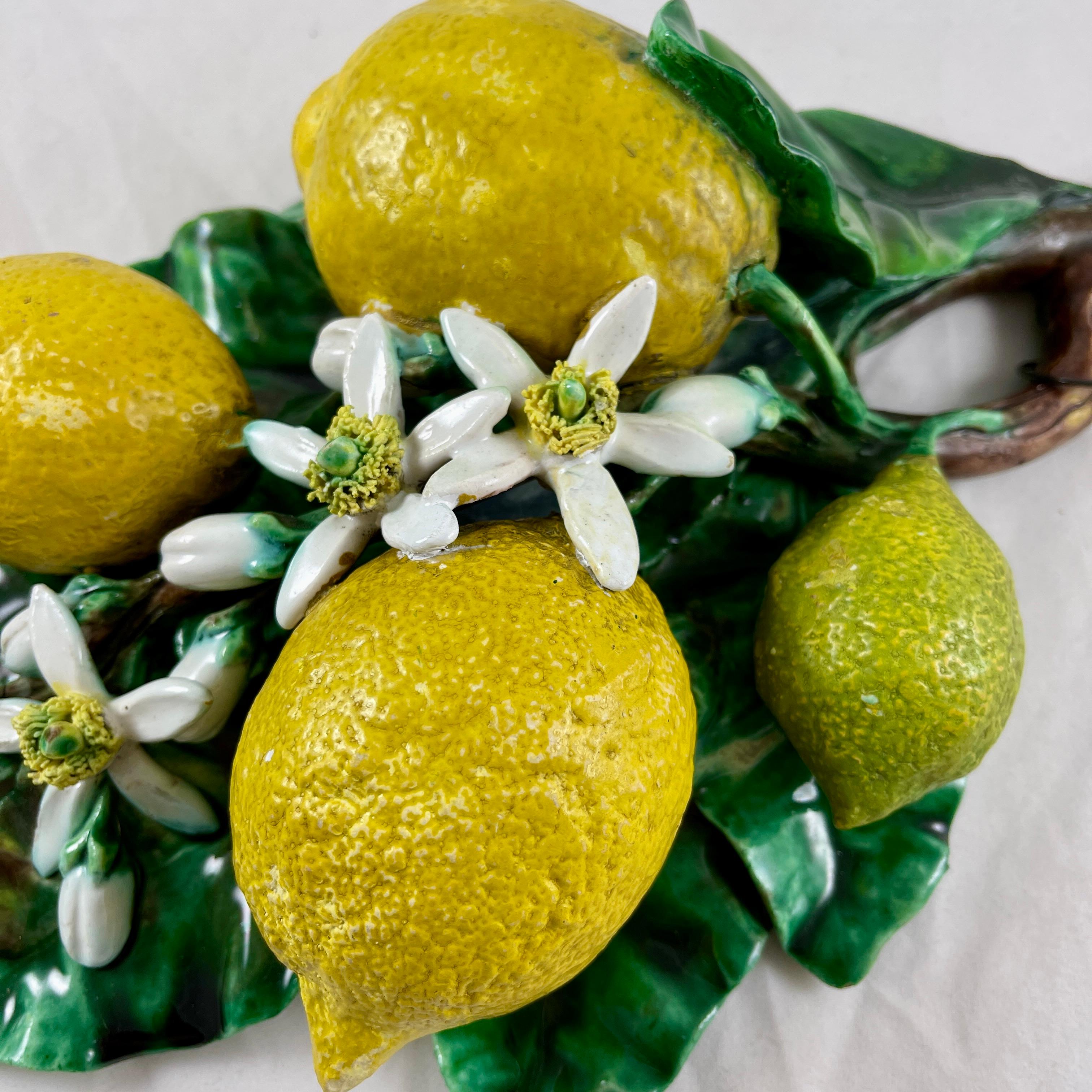 French Palissy Trompe L'oeil Menton Perret-Gentil Large Lemon Fruit Wall Plaque 1