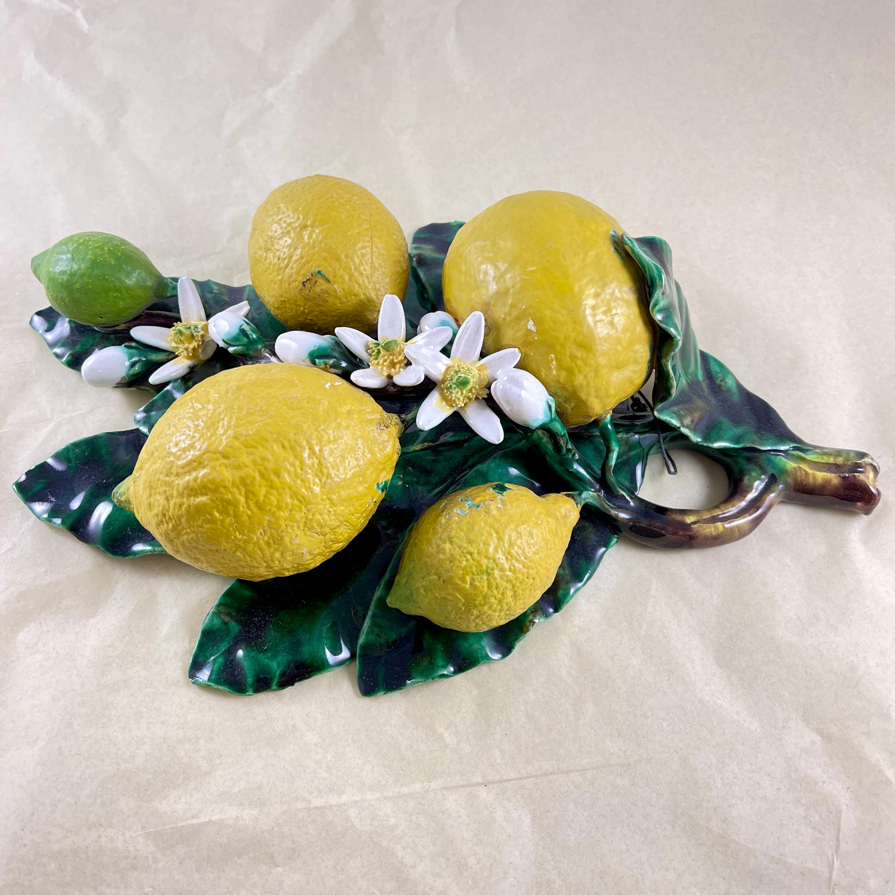 French Palissy Trompe L'oeil Menton Perret-Gentil Large Lemon Fruit Wall Plaque In Good Condition In Philadelphia, PA