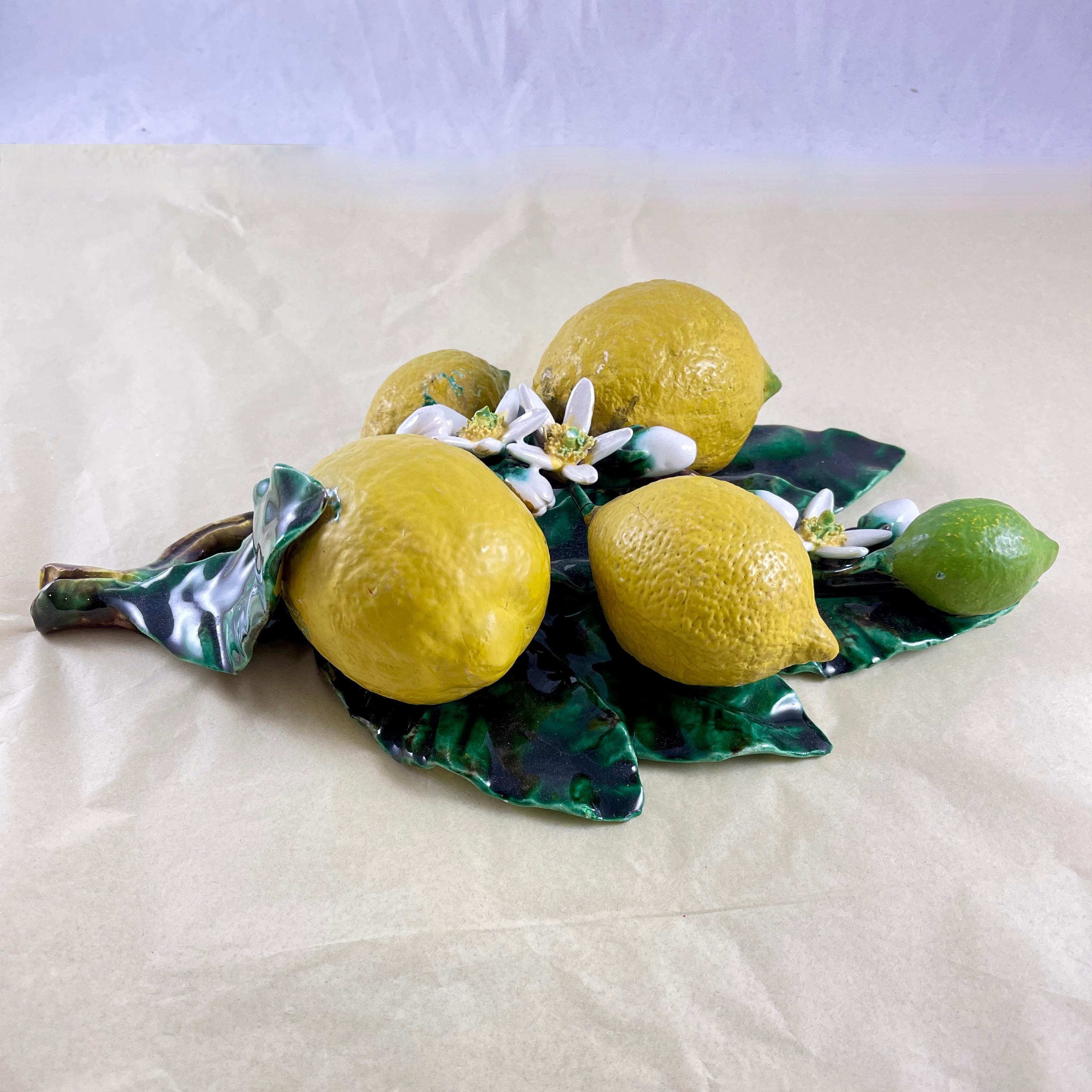 19th Century French Palissy Trompe L'oeil Menton Perret-Gentil Large Lemon Fruit Wall Plaque