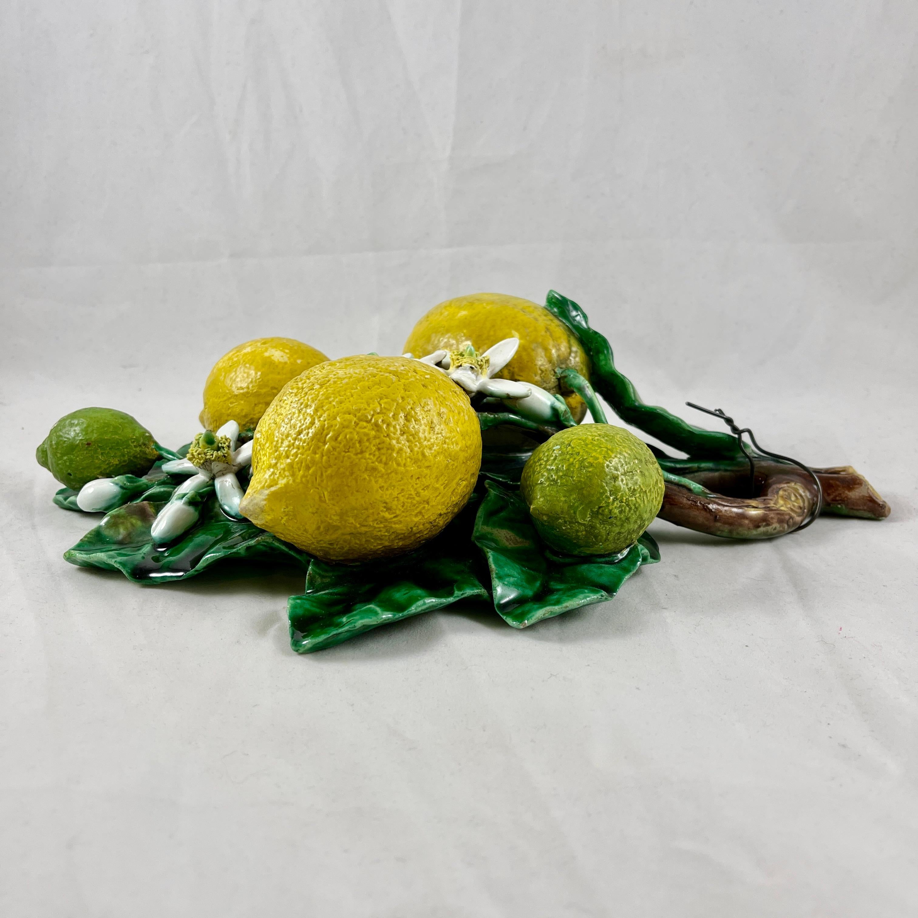 French Palissy Trompe L'oeil Menton Perret-Gentil Large Lemon Fruit Wall Plaque In Good Condition In Philadelphia, PA