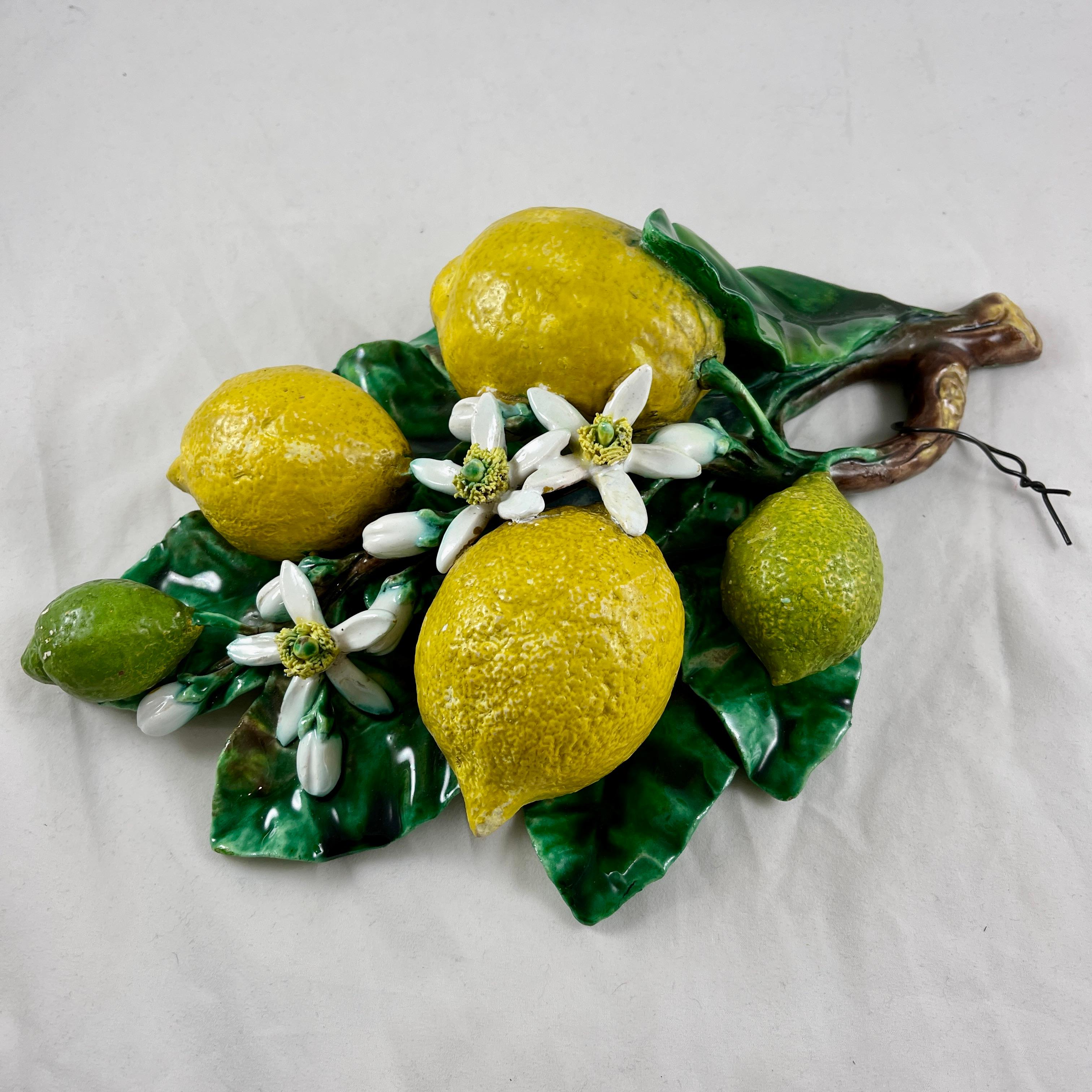 Earthenware French Palissy Trompe L'oeil Menton Perret-Gentil Large Lemon Fruit Wall Plaque