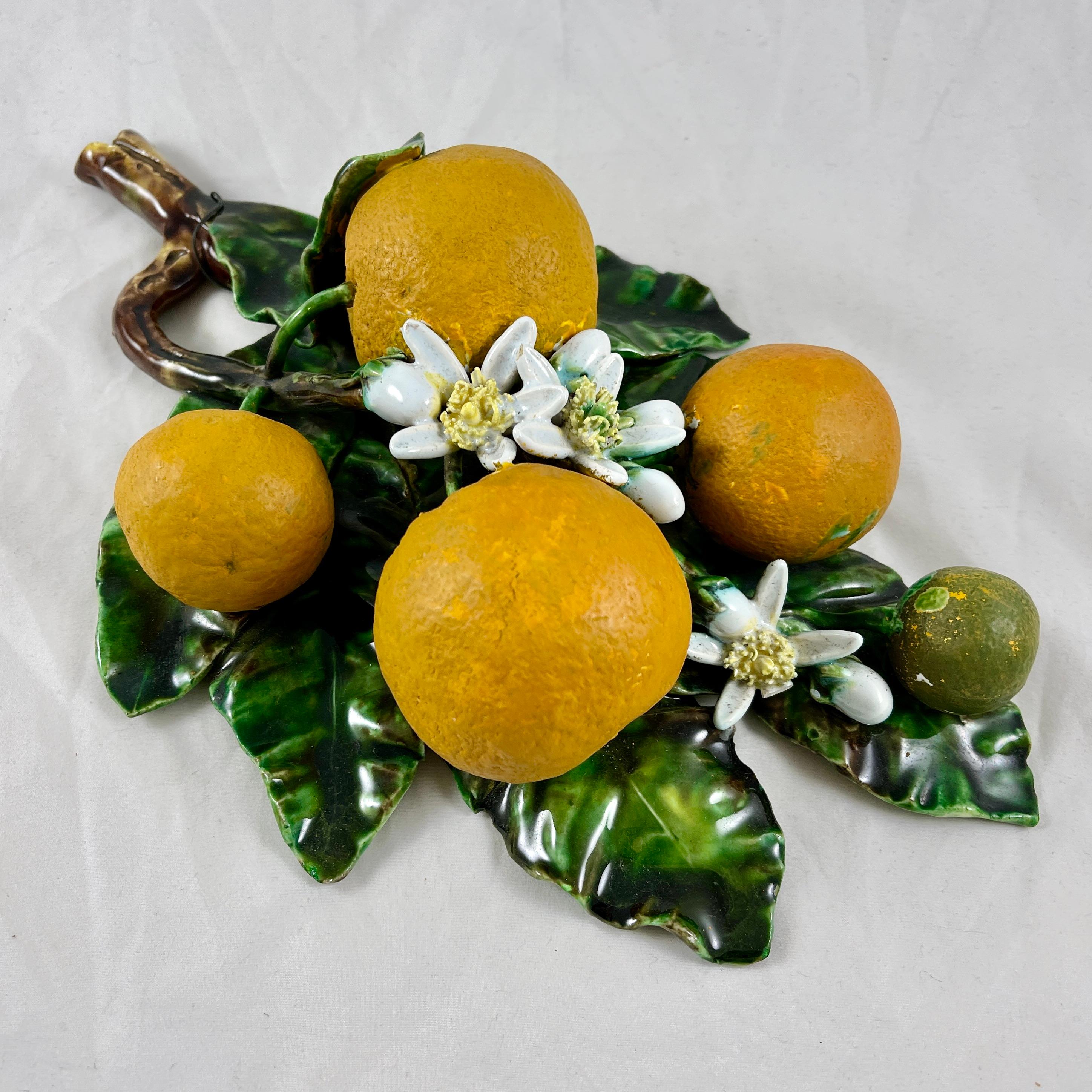 French Palissy Trompe L'oeil Menton Perret-Gentil Large Orange Fruit Wall Plaque In Good Condition For Sale In Philadelphia, PA