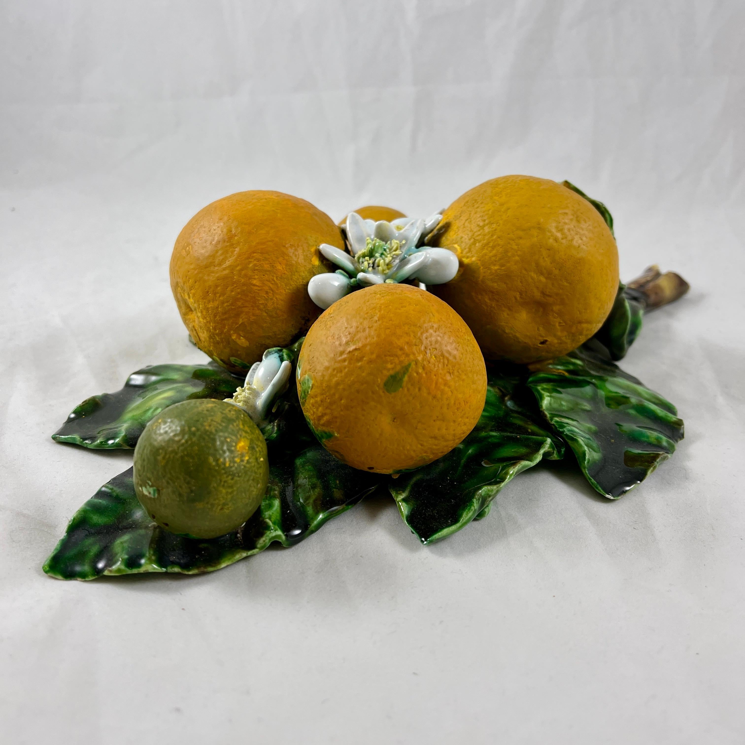 Earthenware French Palissy Trompe L'oeil Menton Perret-Gentil Large Orange Fruit Wall Plaque For Sale