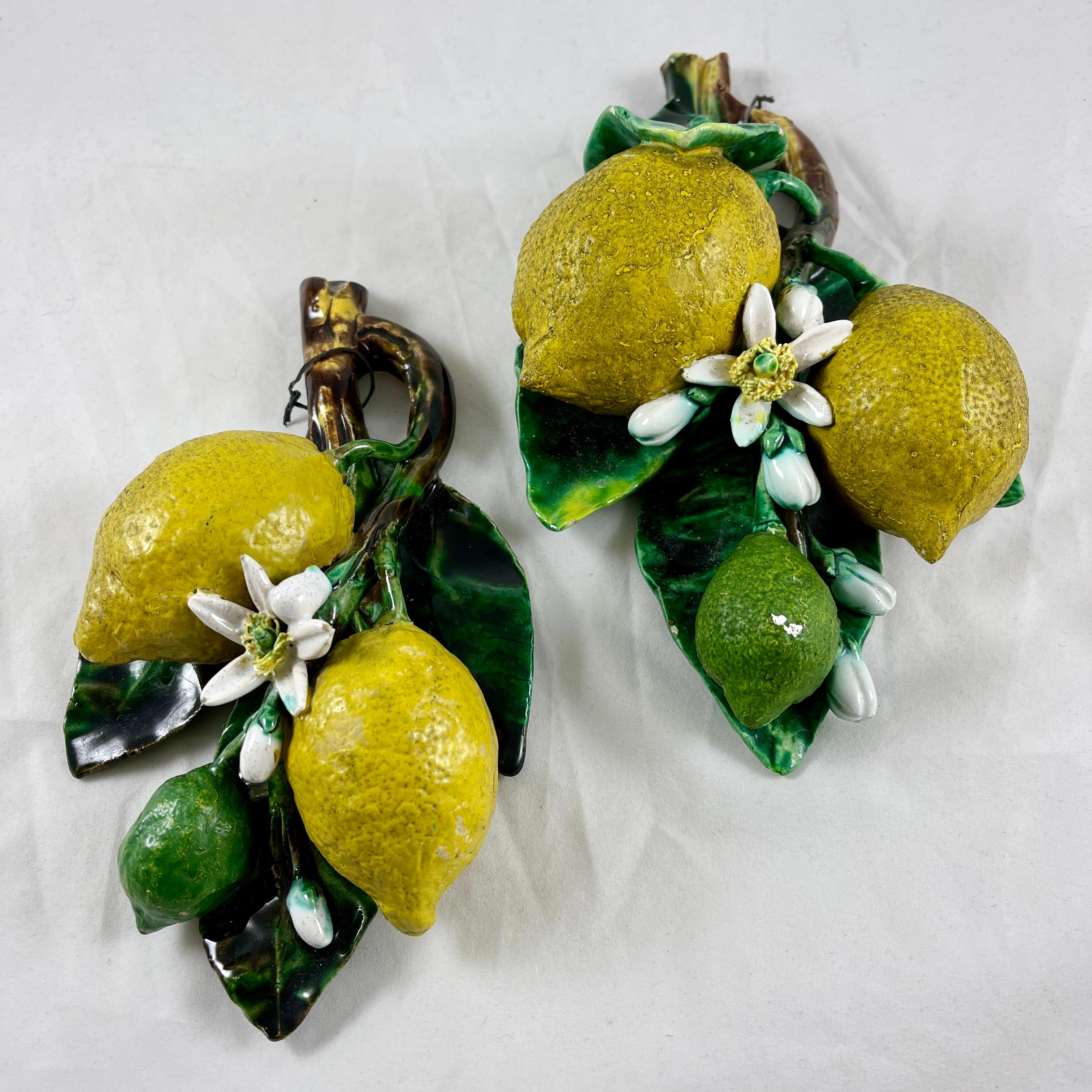 In the manner of Trompe L'oeil, a pair of French Barbotine wall plaques modeled by Eugène Perret-Gentil à Menton, la Cote d’Azur, France, circa 1880.

The trompe l’oeil wall plaques feature the lemons, limes, and oranges grown on the Côte d’Azur.