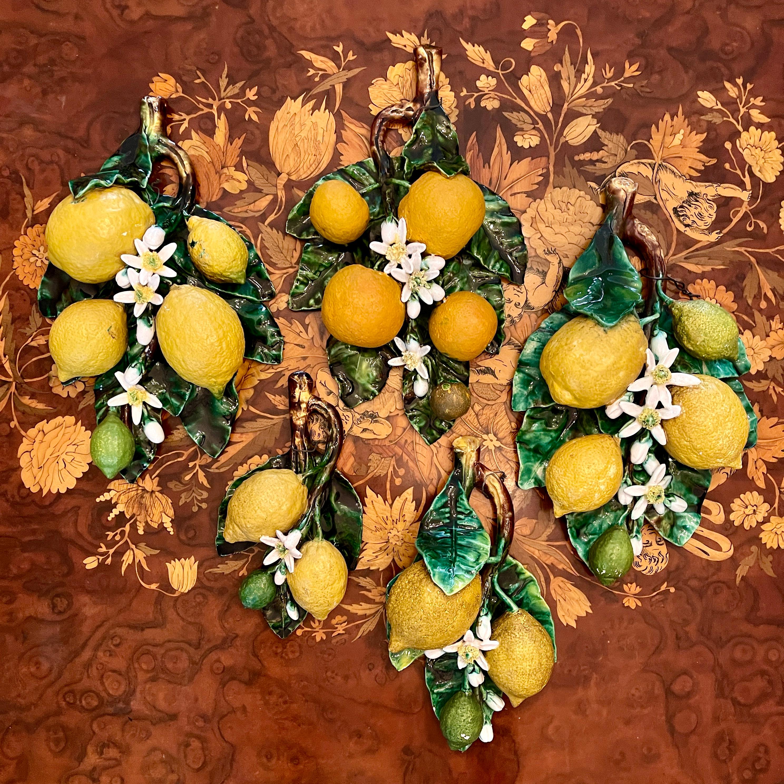 French Provincial French Palissy Trompe L'oeil Menton Perret-Gentil Lemon Fruit Wall Plaques Set/2