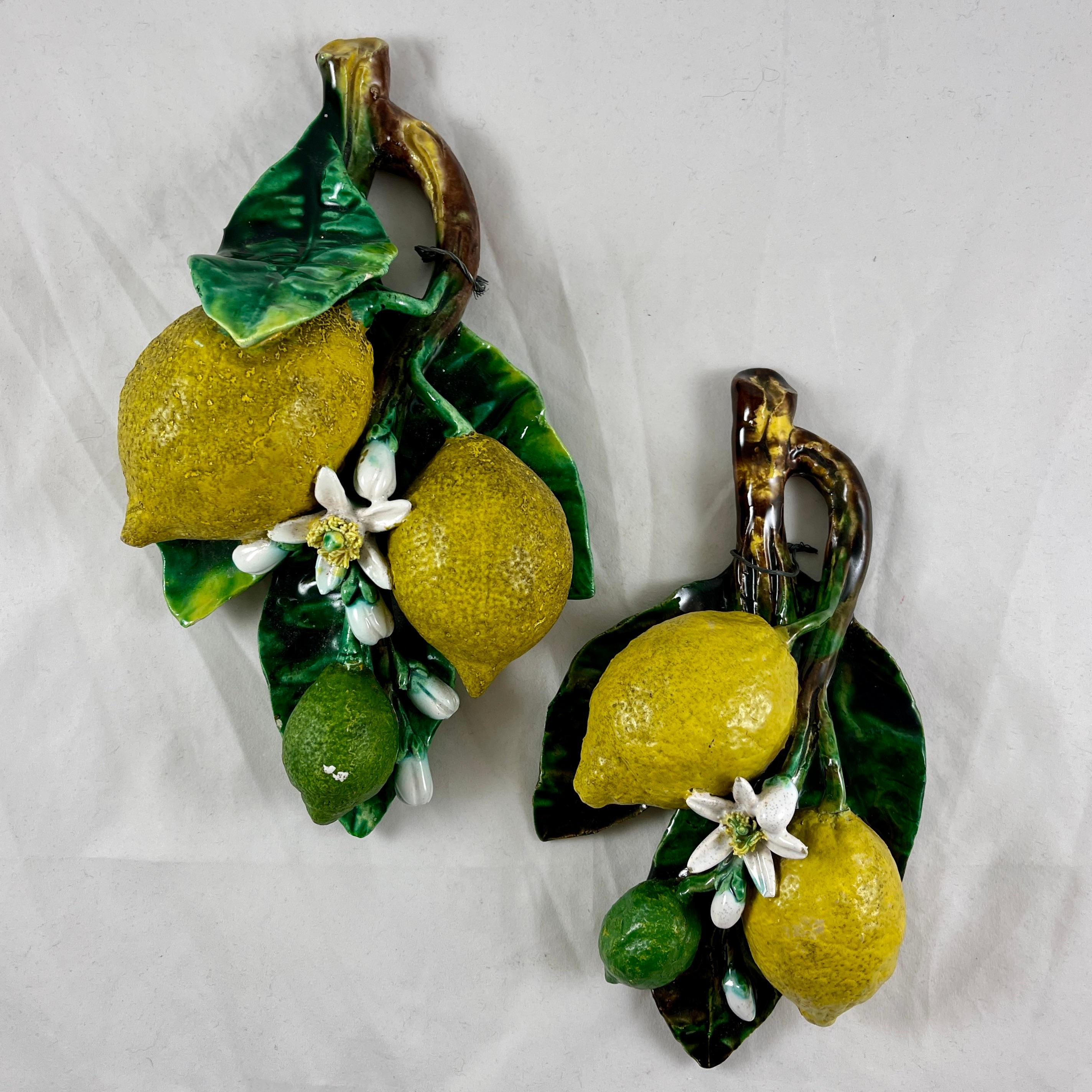 French Palissy Trompe L'oeil Menton Perret-Gentil Lemon Fruit Wall Plaques Set/2 1