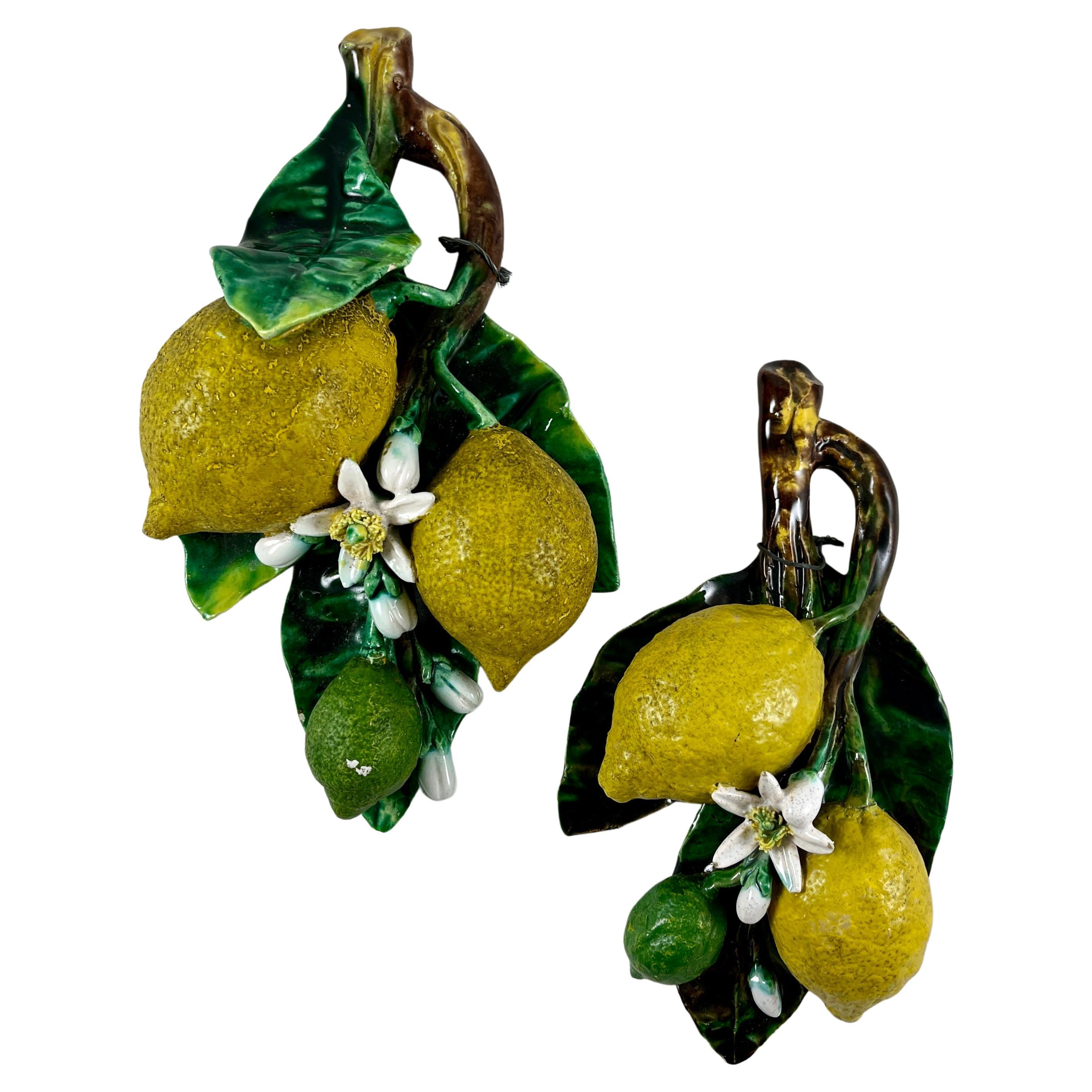 French Palissy Trompe L'oeil Menton Perret-Gentil Lemon Fruit Wall Plaques Set/2
