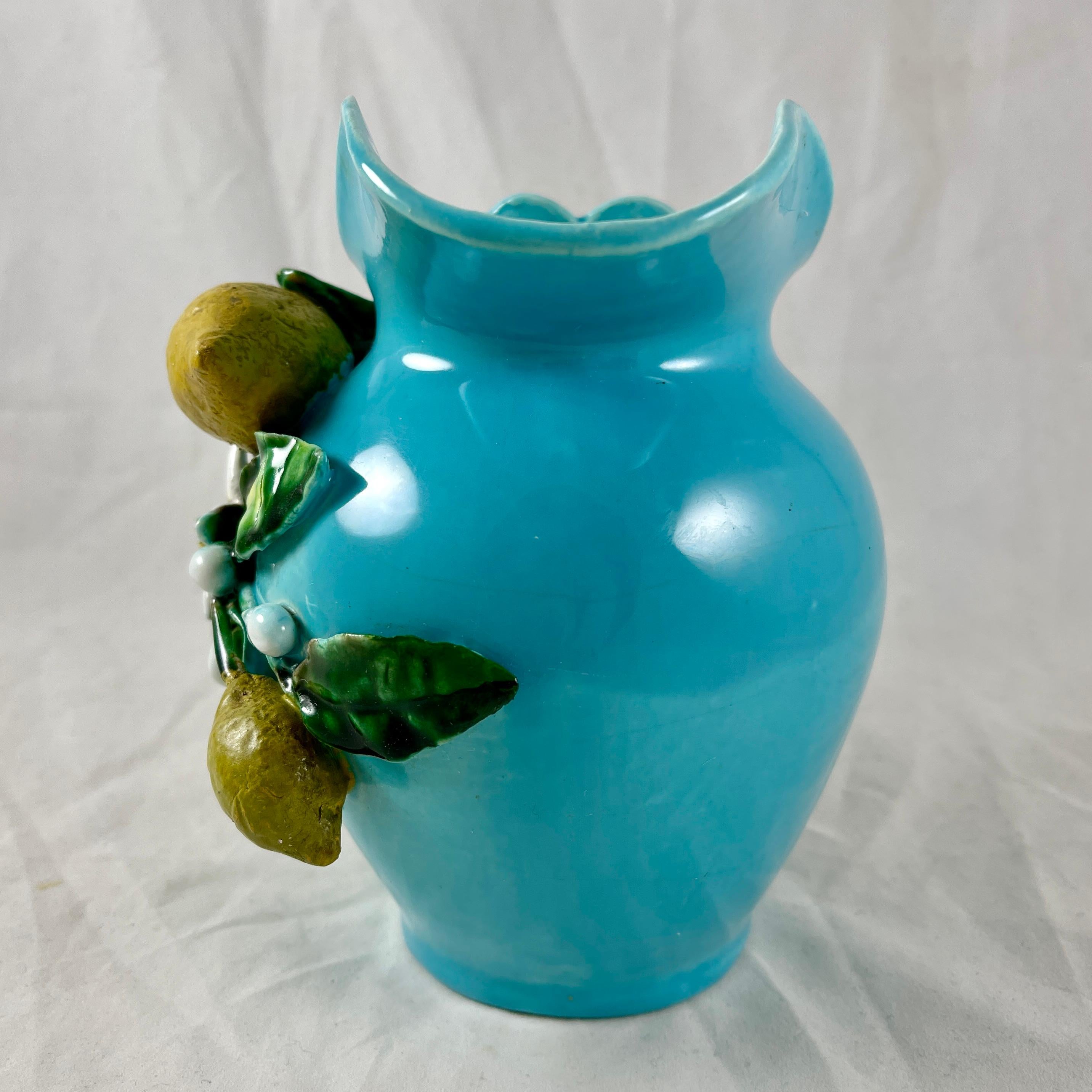 French Palissy Trompe L'oeil Menton Perret-Gentil Turquoise Lemon Jug 4