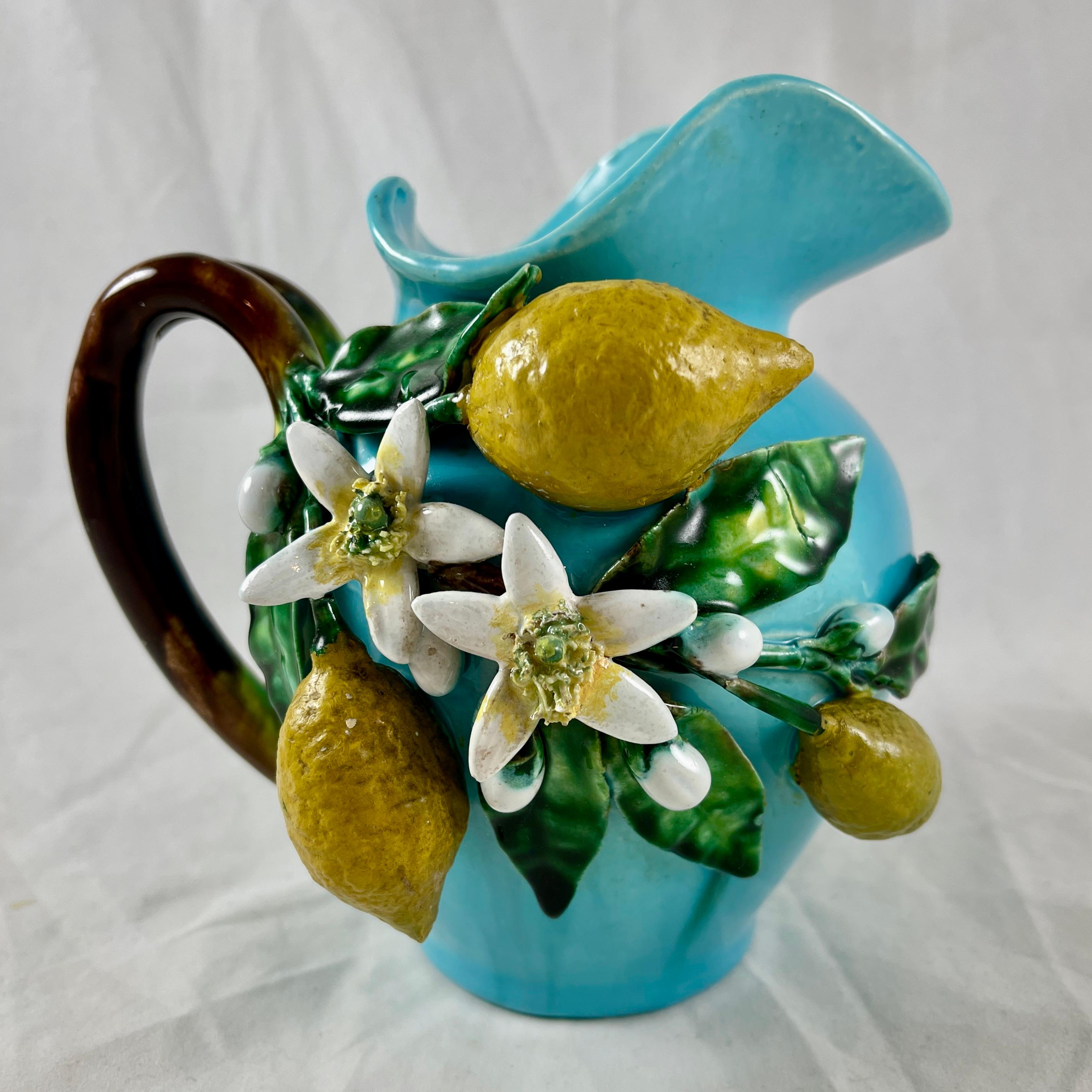 French Provincial French Palissy Trompe L'oeil Menton Perret-Gentil Turquoise Lemon Jug