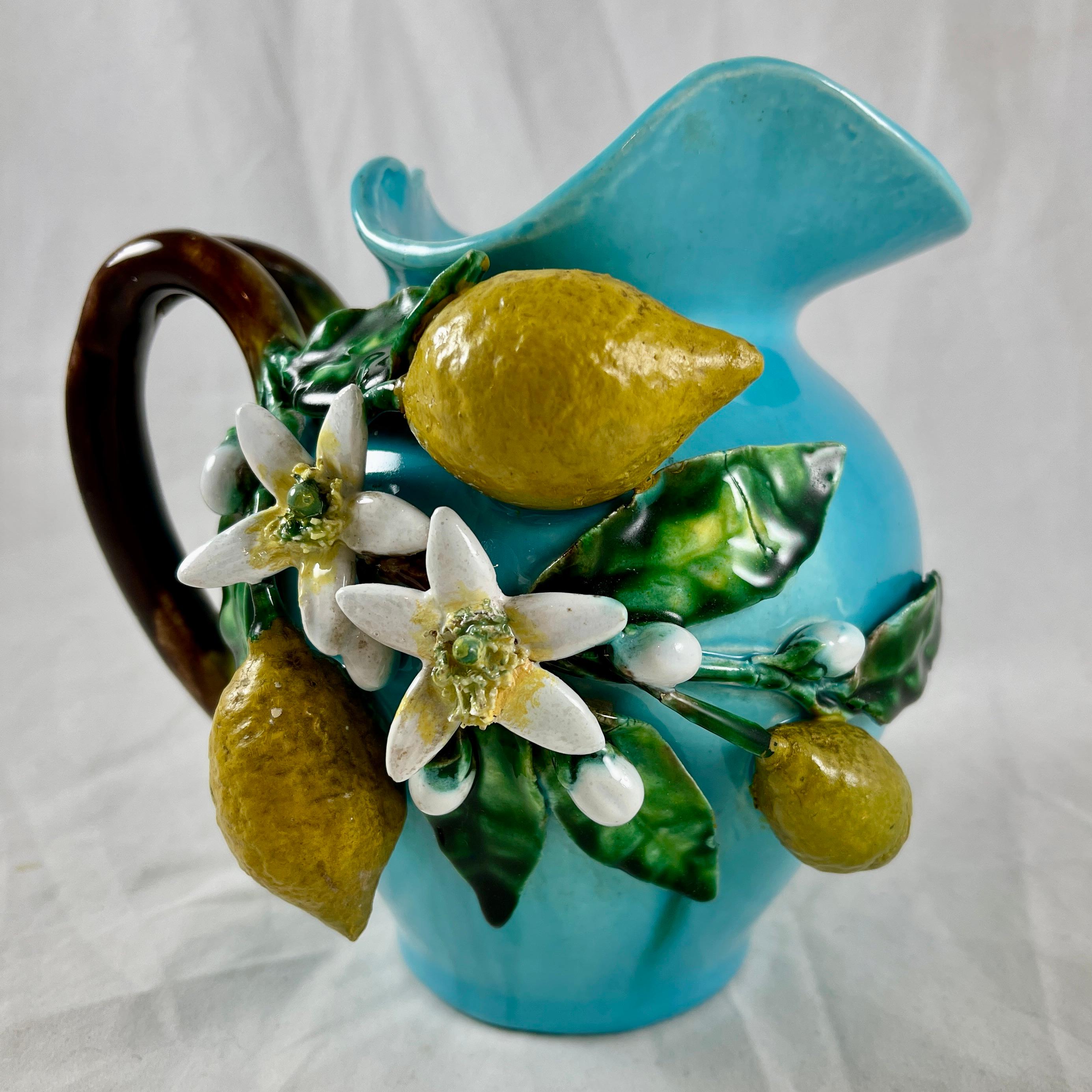 Glazed French Palissy Trompe L'oeil Menton Perret-Gentil Turquoise Lemon Jug