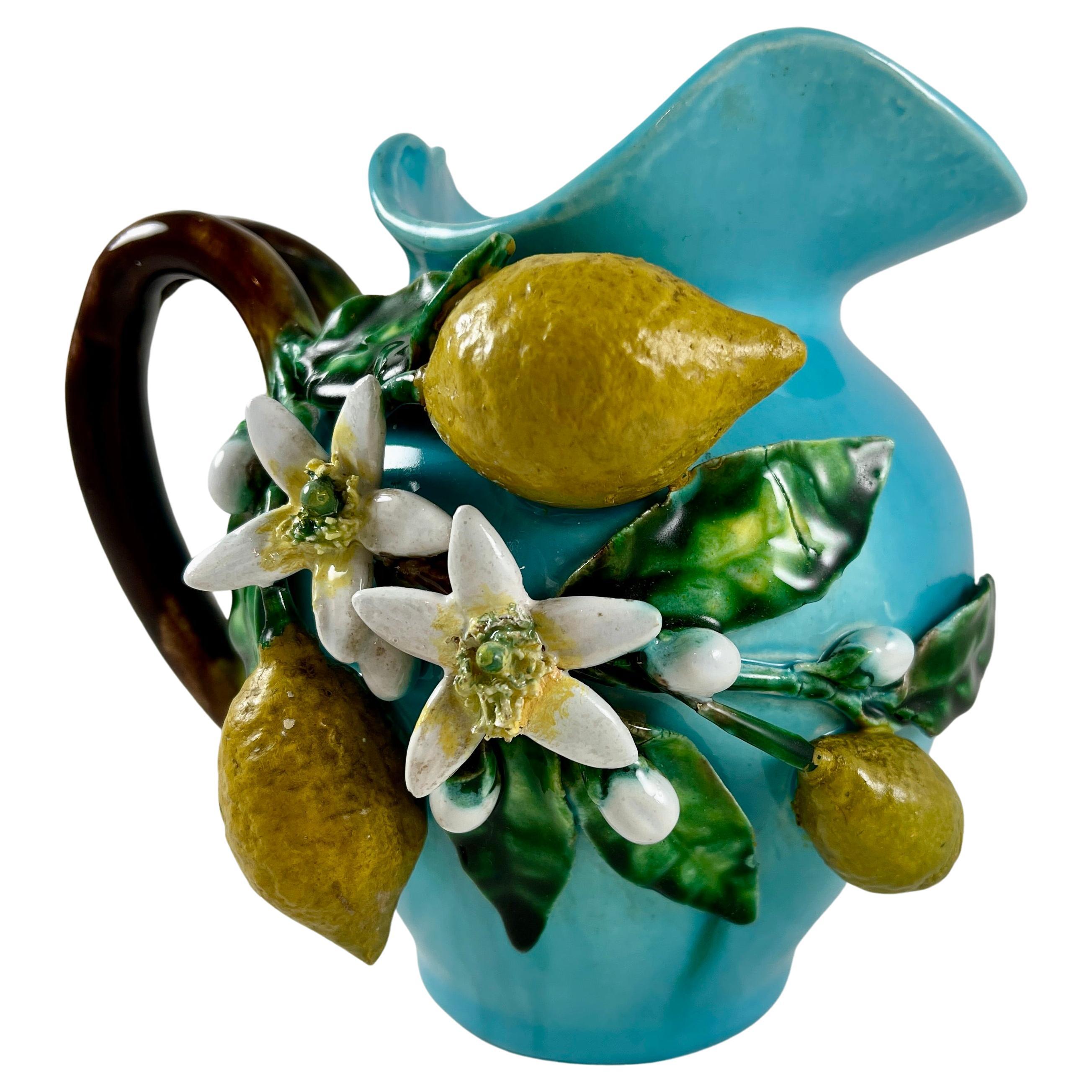 French Palissy Trompe L'oeil Menton Perret-Gentil Turquoise Lemon Jug