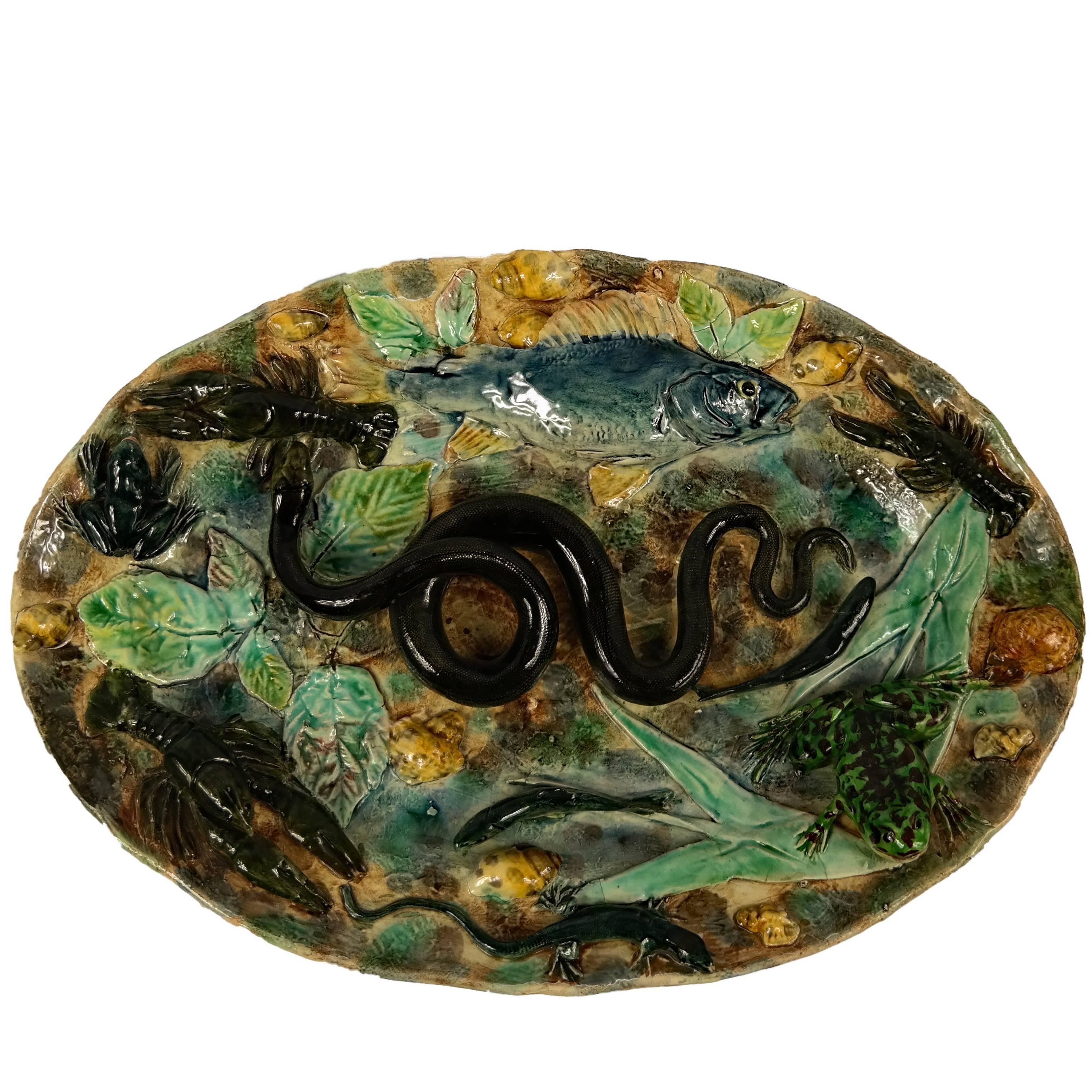 French Palissy Ware Majolica Trompe L
oeil Oval Plaque by Longchamps, ca. 1870