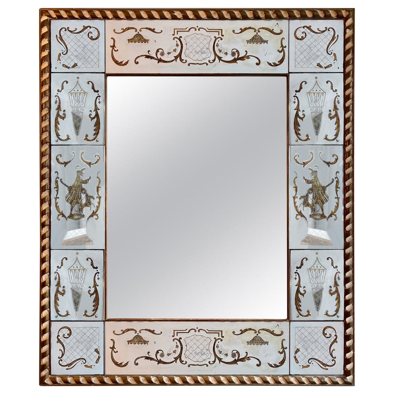 French Panelled Venetian Themed Gilt Églomisé Mirror
