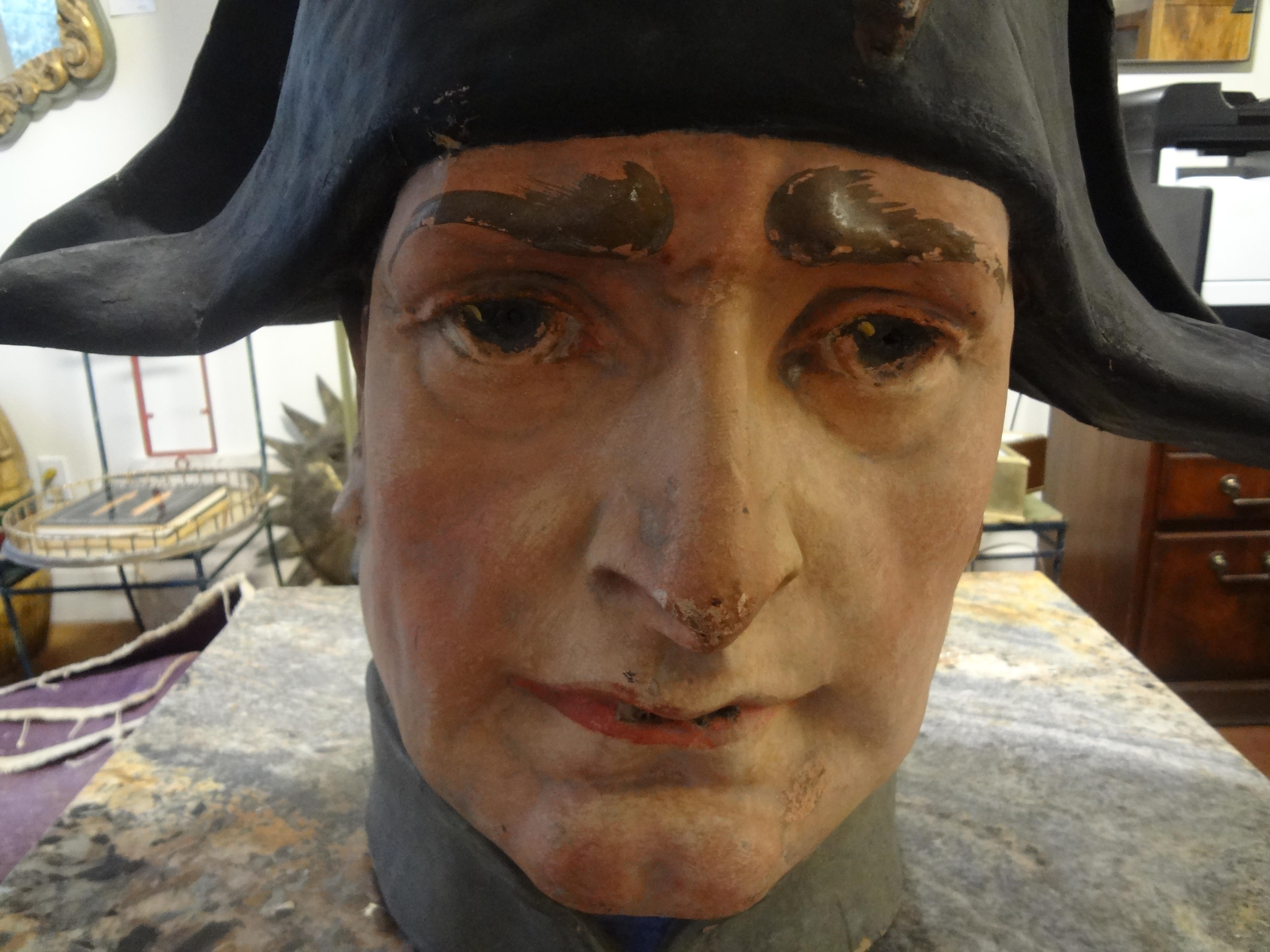 French Papier Mâché Bust of Napoleon Bonaparte.
Stunning large realistic French papier mâché or papier mâché bust of Napoleon Bonaparte. This beautiful, colorful handmade neoclassical style or Empire style sculpture is one of a kind and was executed