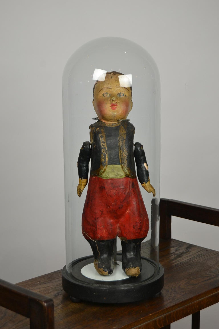 Art Deco French Papier-Mâché Doll under Antique Glass Dome For Sale