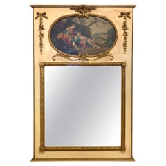 Antique French Parcel Gilt and Cream Painted Trumeau Mirror with Painting